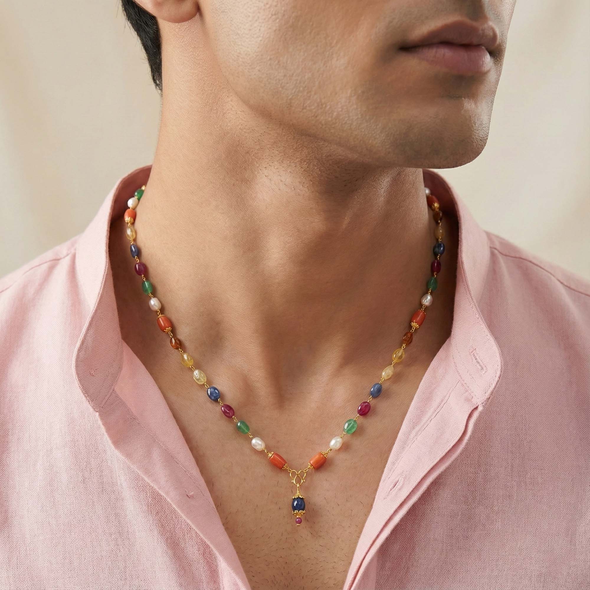 Navratna (Navaratna) Mala I04 for Men in 22K Yellow Gold with Natural Uncut Diamonds thumbnail
