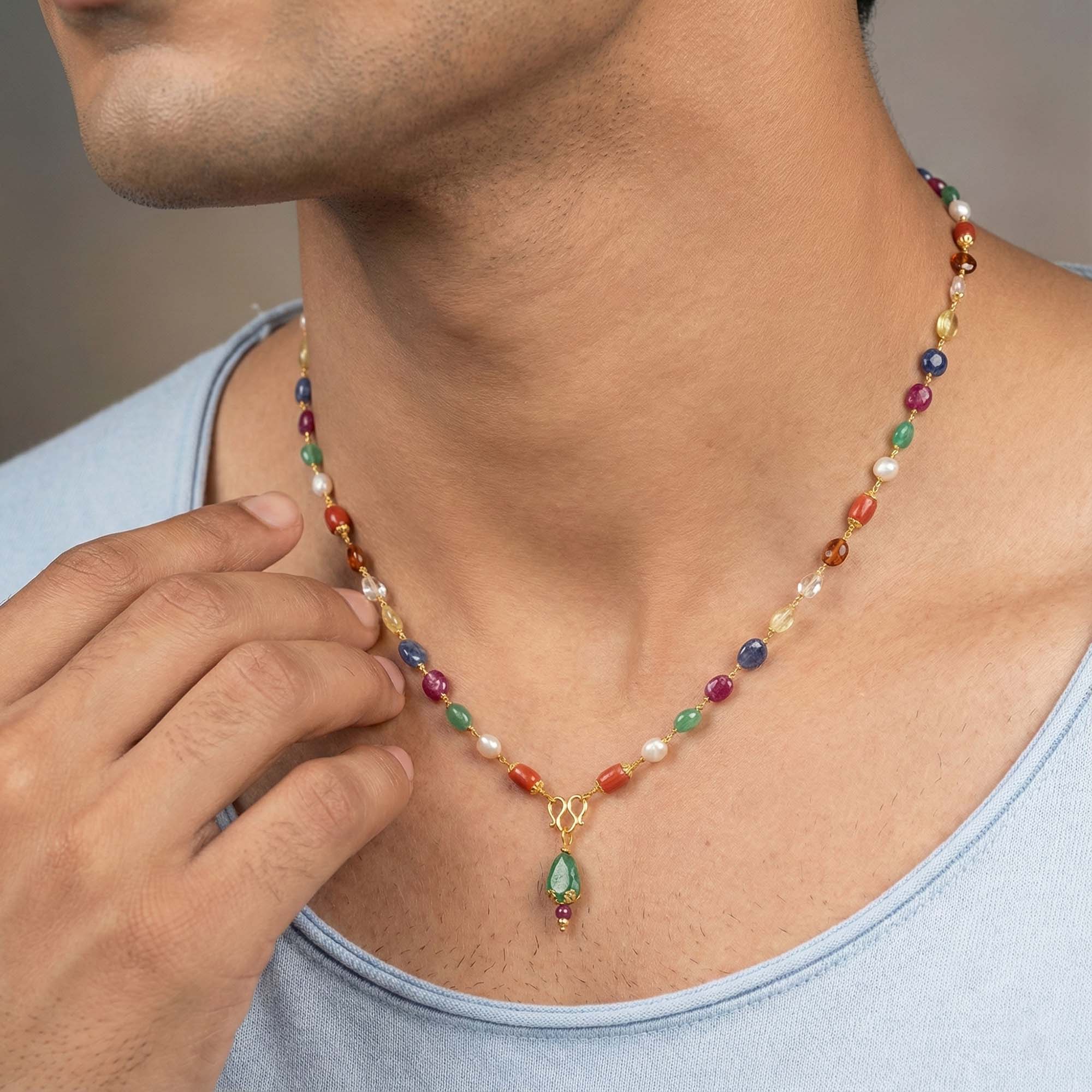 Navratna (Navaratna) Mala J05 for Men in 22K Yellow Gold with Natural Uncut Diamonds thumbnail