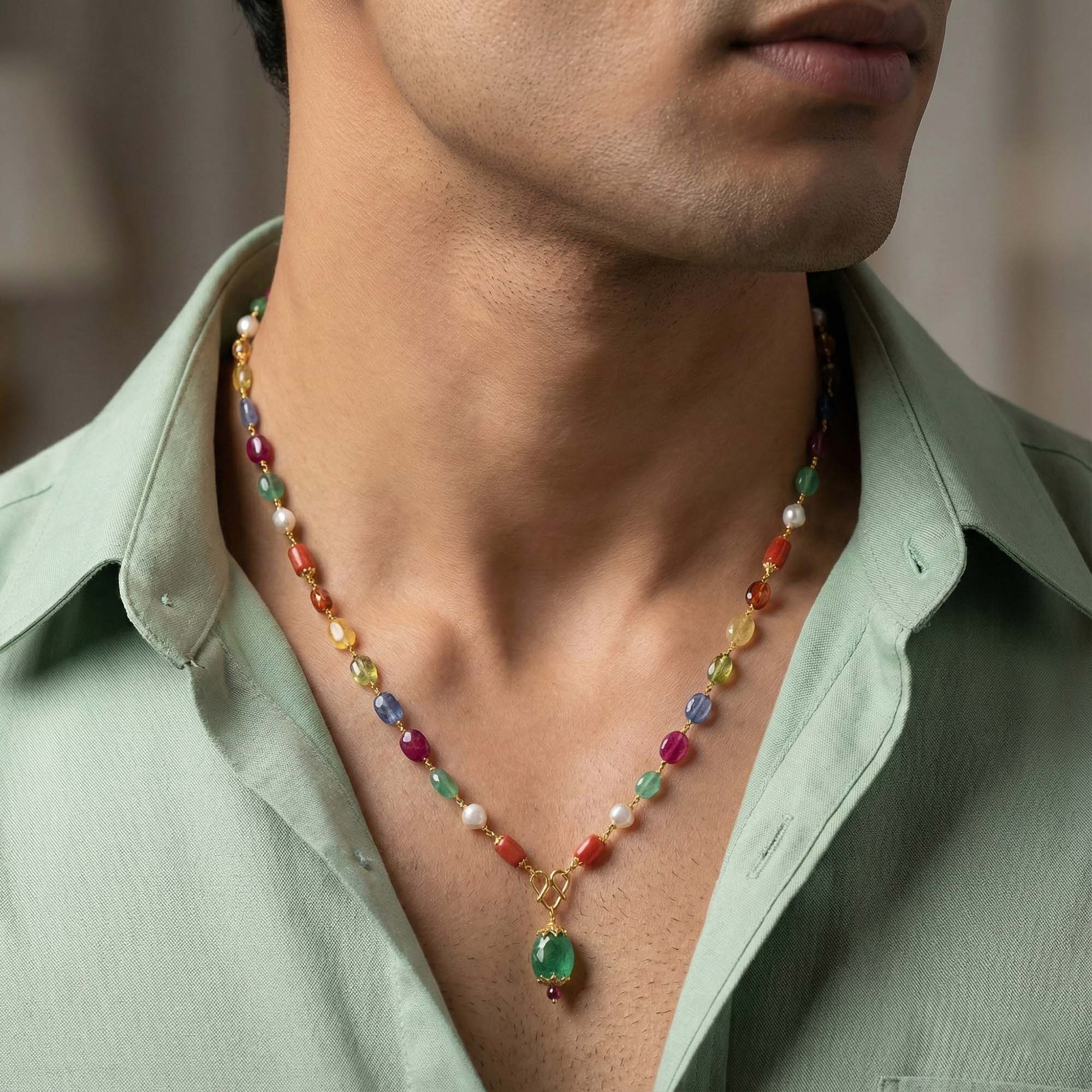 Navratna (Navaratna) Mala K06 for Men in 22K Yellow Gold with Natural Uncut Diamonds thumbnail