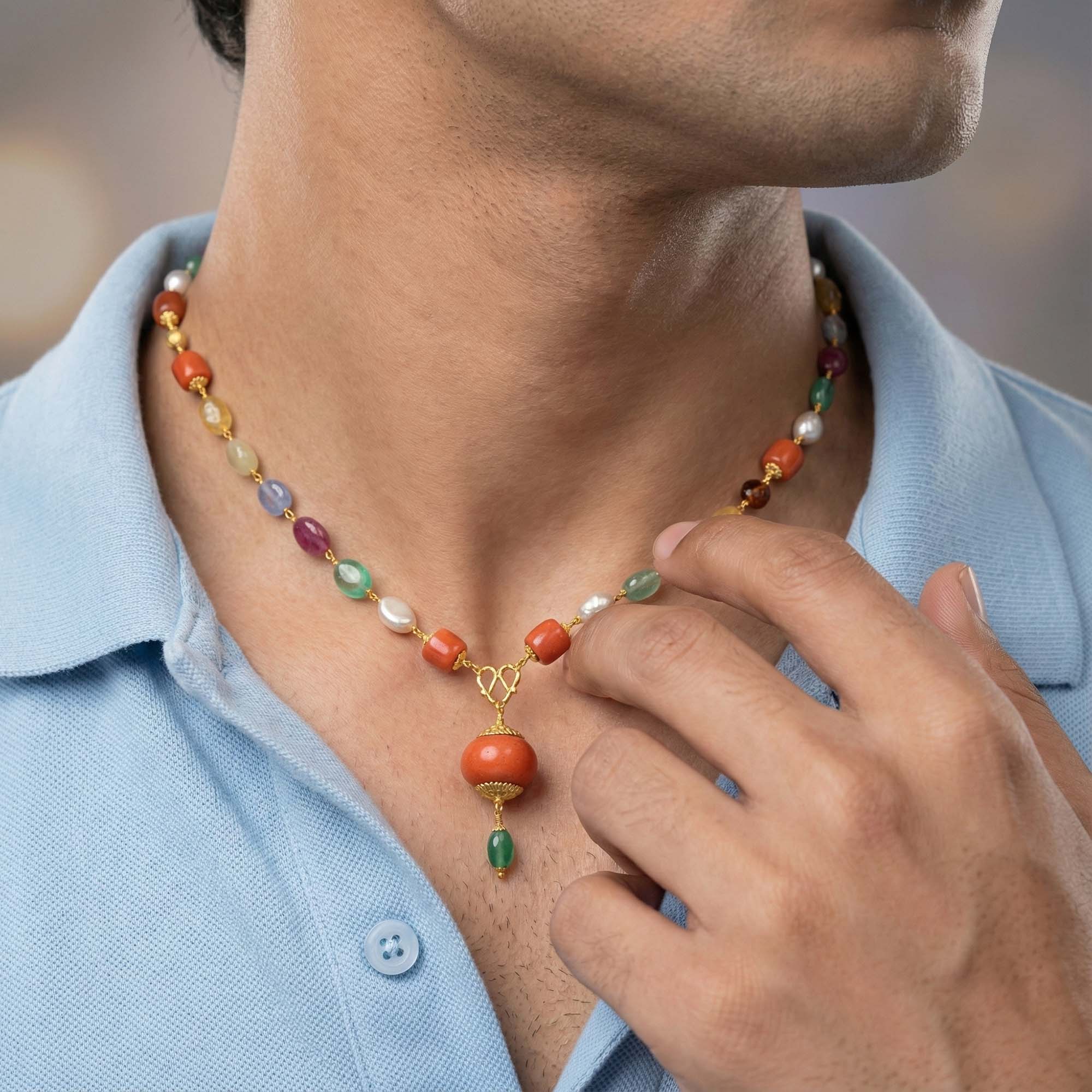 Navratna (Navaratna) Mala M08 for Men in 22K Yellow Gold with Natural Uncut Diamonds thumbnail