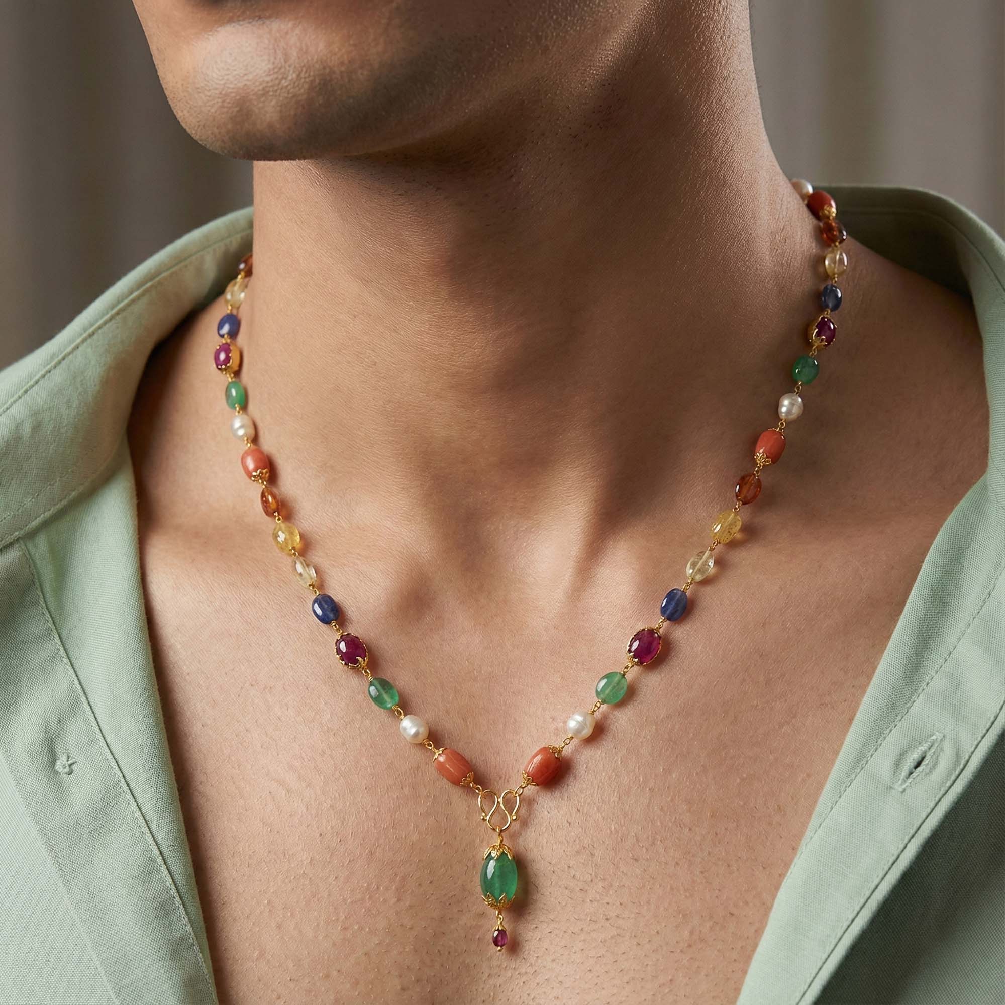 Navratna (Navaratna) Mala N09 for Men in 22K Yellow Gold with Natural Uncut Diamonds thumbnail