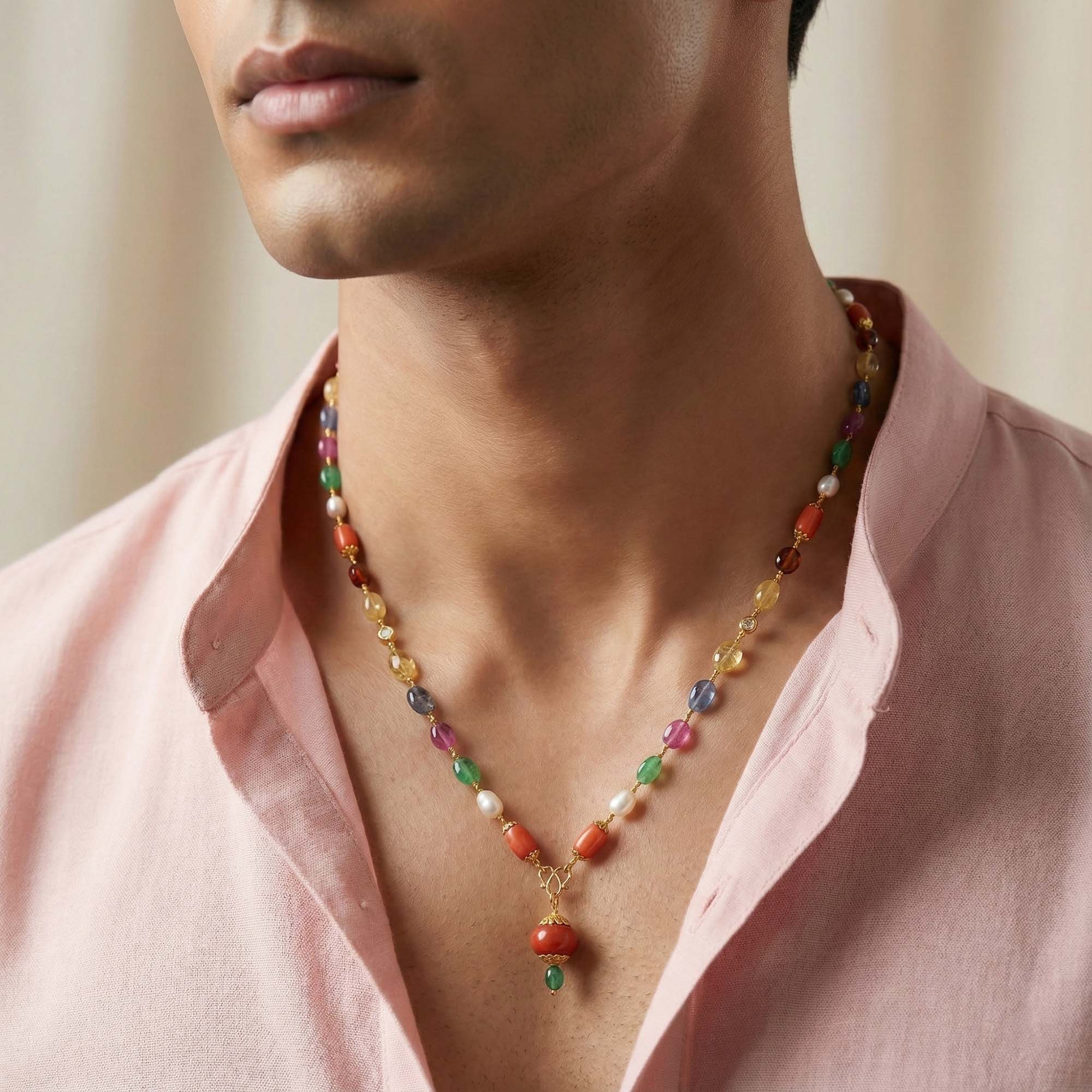 Navratna (Navaratna) Mala O10 for Men in 22K Yellow Gold with Natural Uncut Diamonds thumbnail