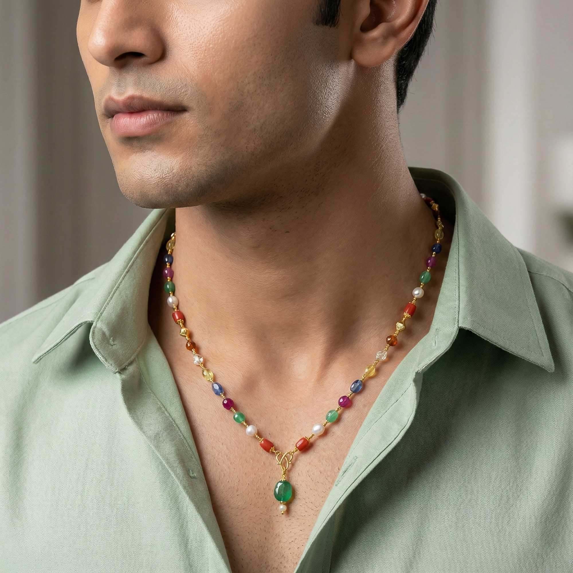 Navratna (Navaratna) Mala Q12 for Men in 22K Yellow Gold with Natural Uncut Diamonds thumbnail