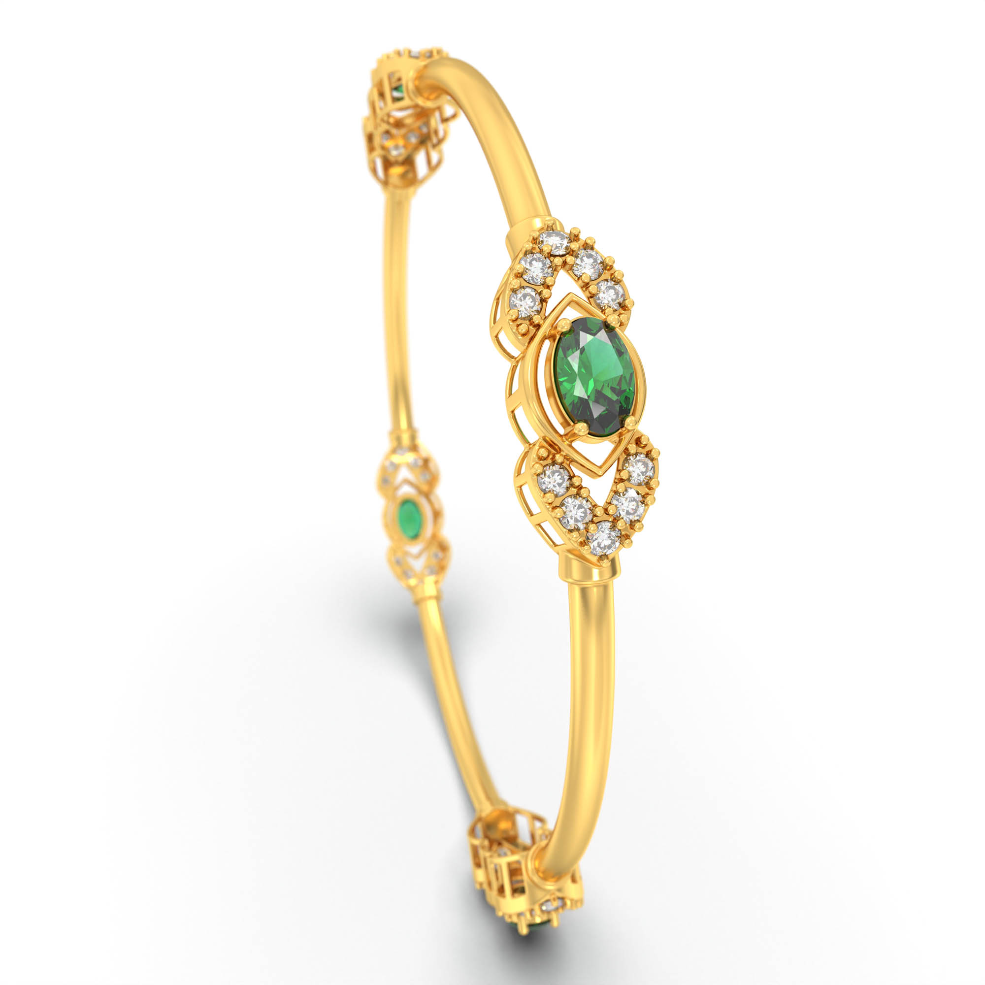 Lab-Grown Diamond and Emerald Bangle in 22K Yellow Gold – 1.04 Ct Diamonds thumbnail