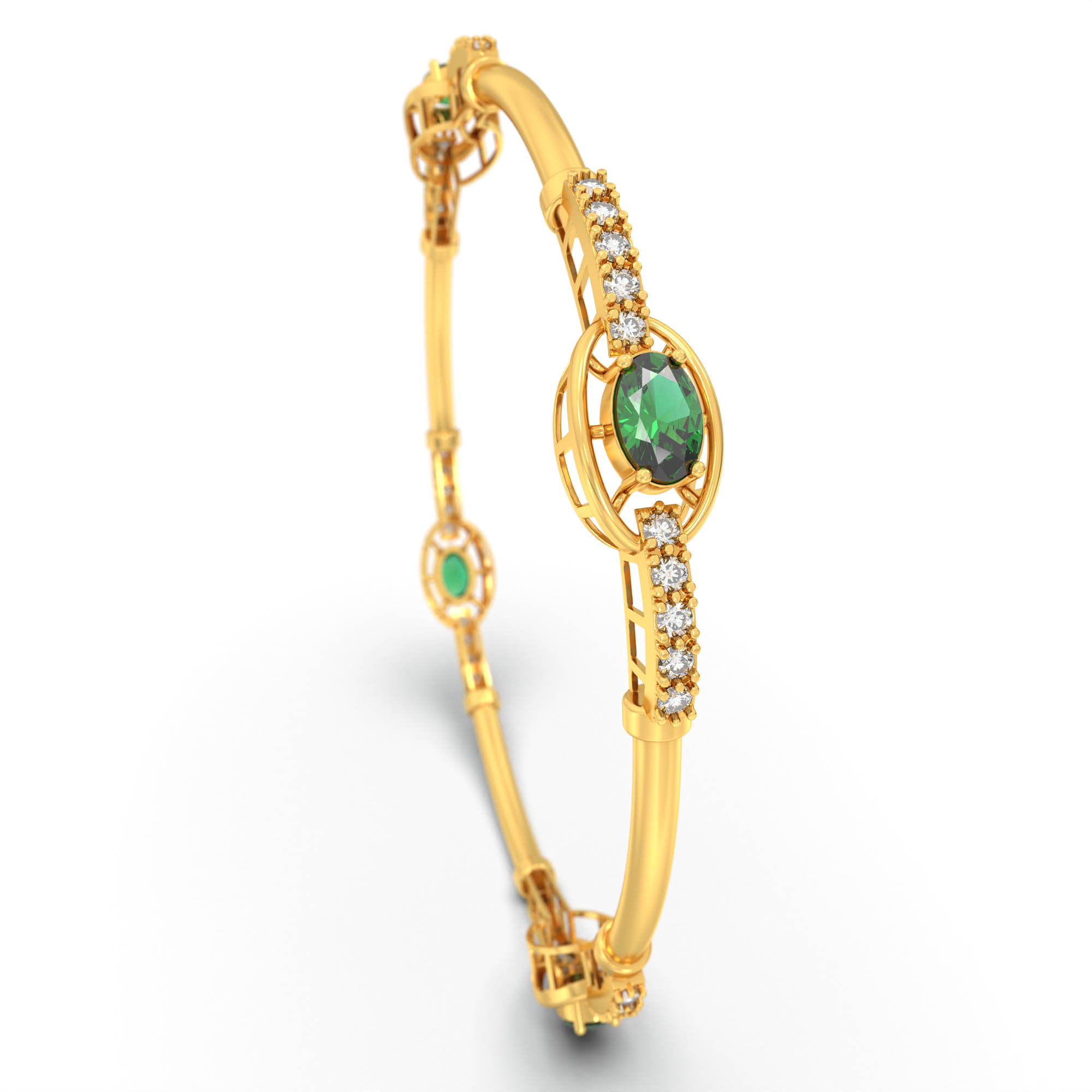 Lab-Grown Diamond and Emerald Bangle in 22K Yellow Gold – 1 Ct Diamonds thumbnail