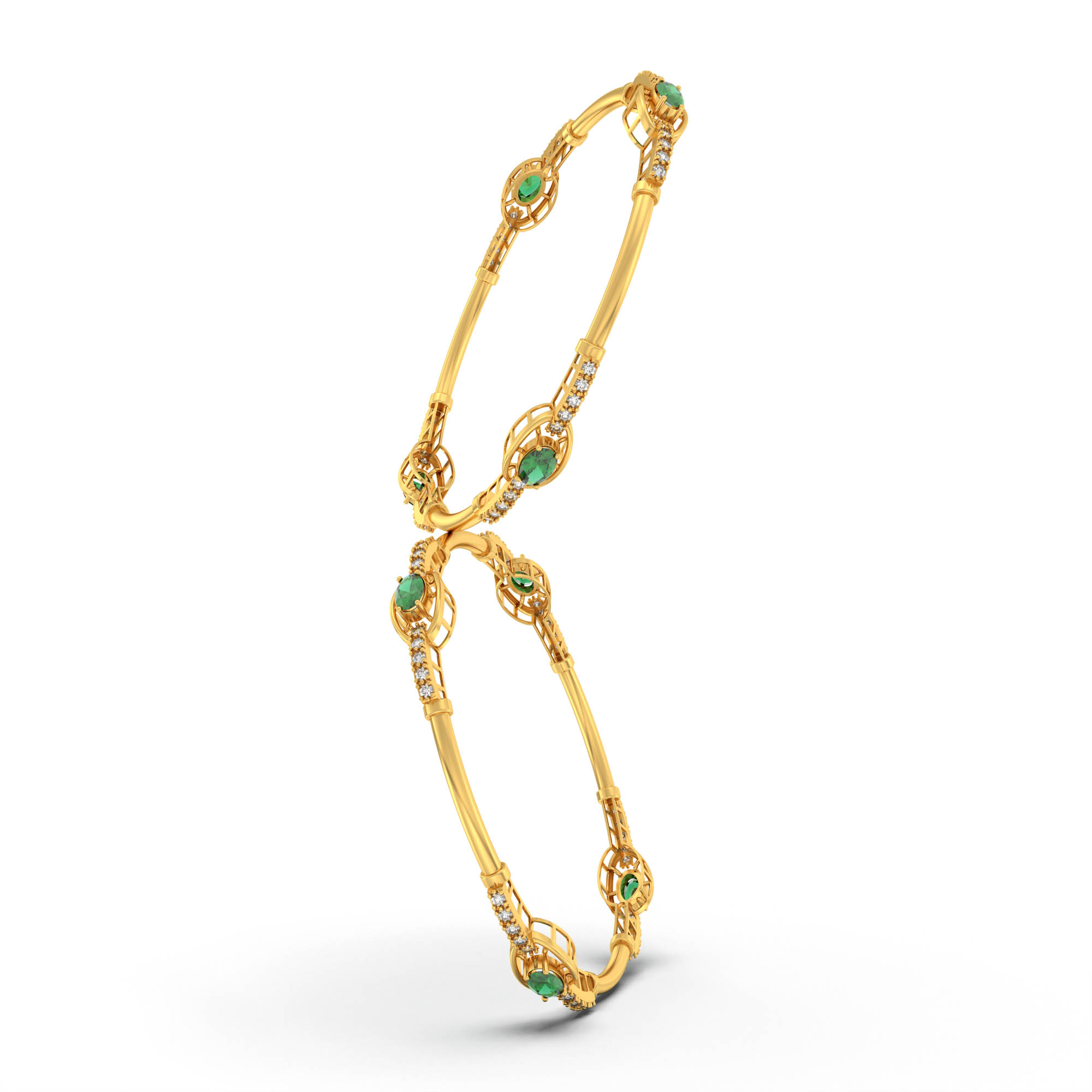Lab-Grown Diamond and Emerald Bangle in 22K Yellow Gold – 1 Ct Diamonds thumbnail