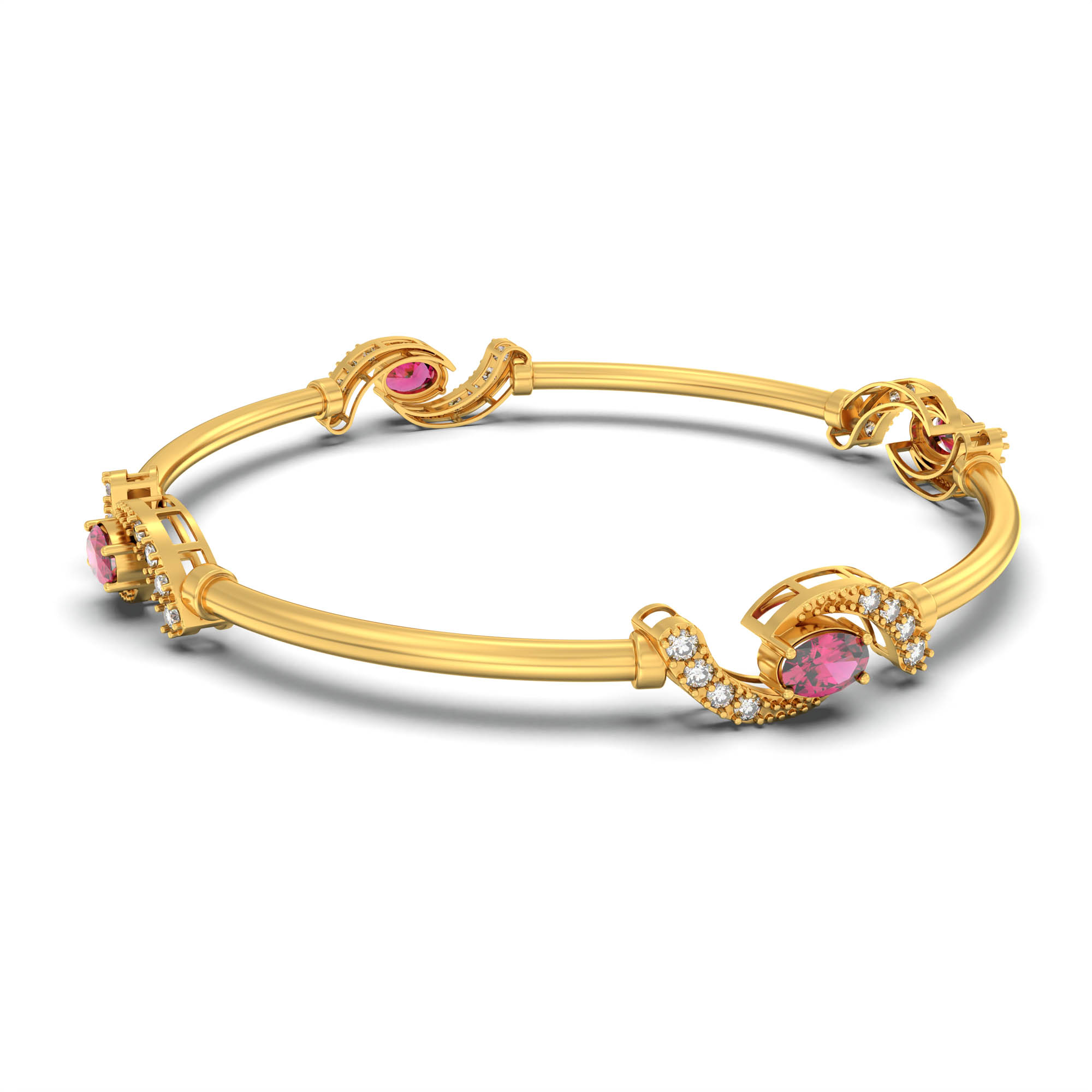 Lab-Grown Diamond and Ruby Bangle in 22K Yellow Gold – 0.84 Ct Diamonds, 12 g (Design K1-5) thumbnail