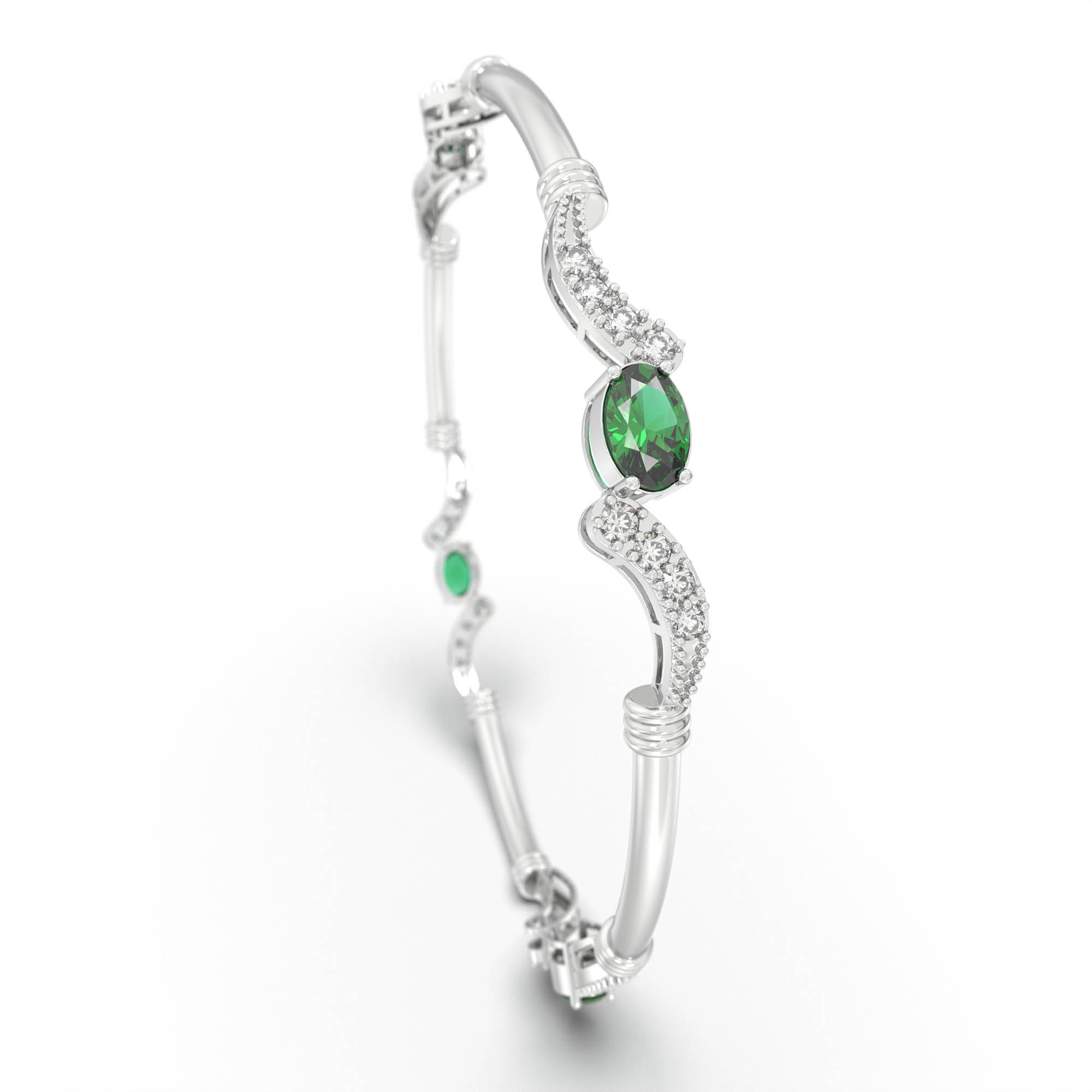 Lab-Grown Diamond and Emerald Bangle in 18K White Gold – 0.84 Ct Diamonds, 12 g (Design K1-7) thumbnail