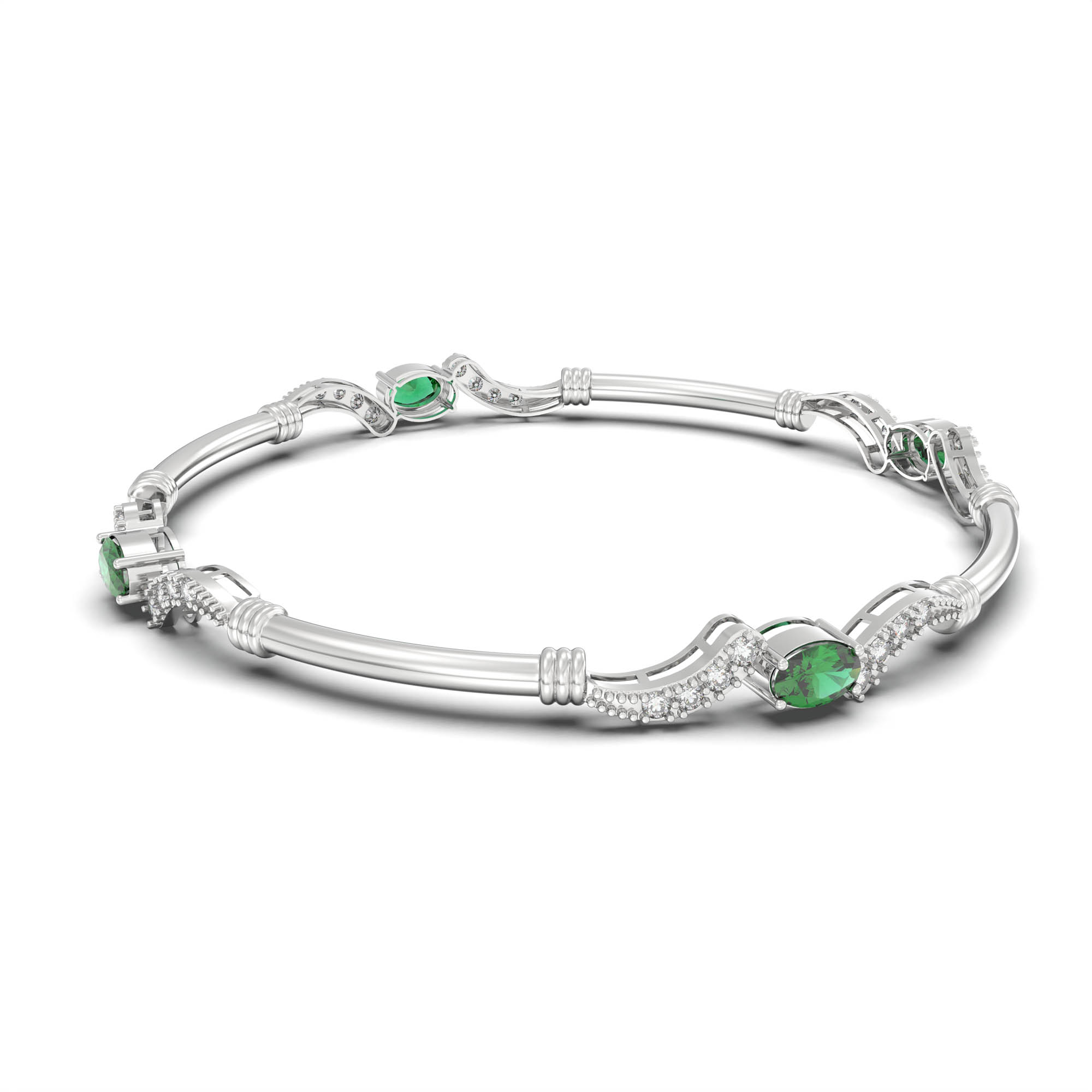 Lab-Grown Diamond and Emerald Bangle in 18K White Gold – 0.84 Ct Diamonds, 12 g (Design K1-7) thumbnail
