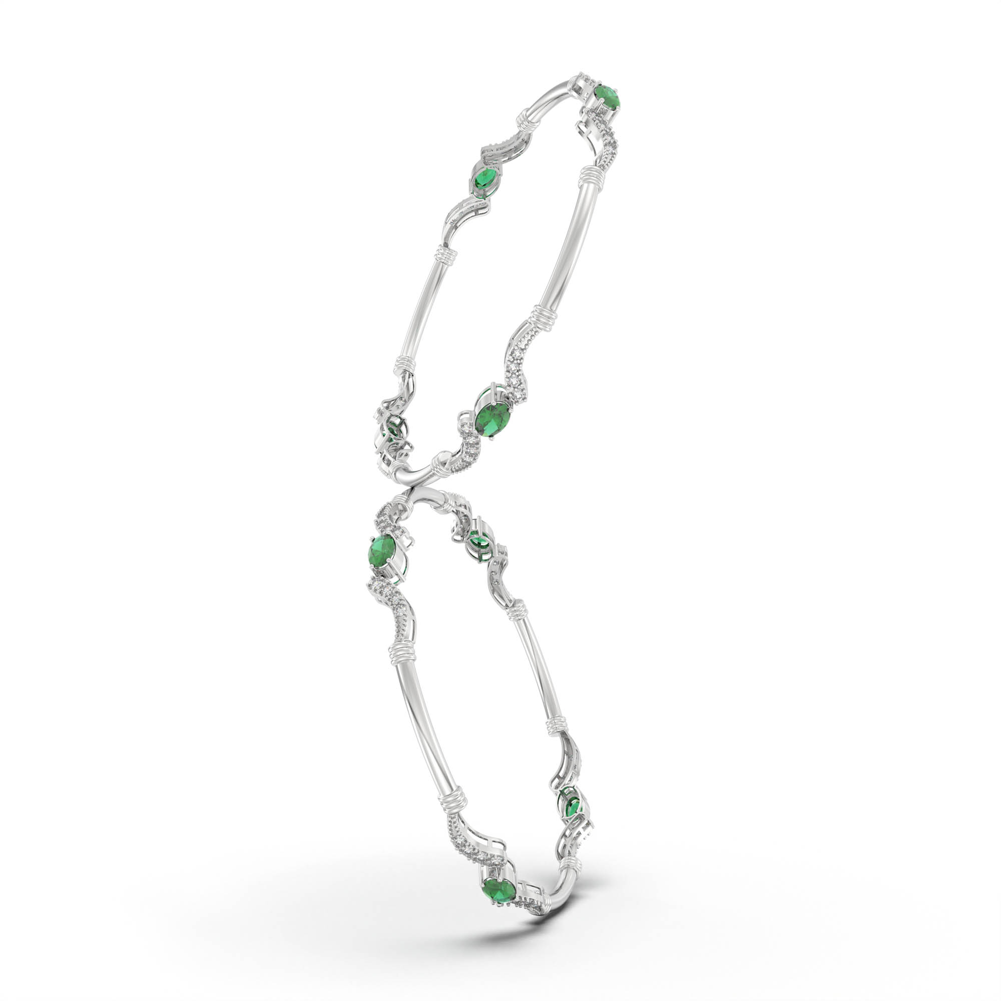 Lab-Grown Diamond and Emerald Bangle in 18K White Gold – 0.84 Ct Diamonds, 12 g (Design K1-7) thumbnail