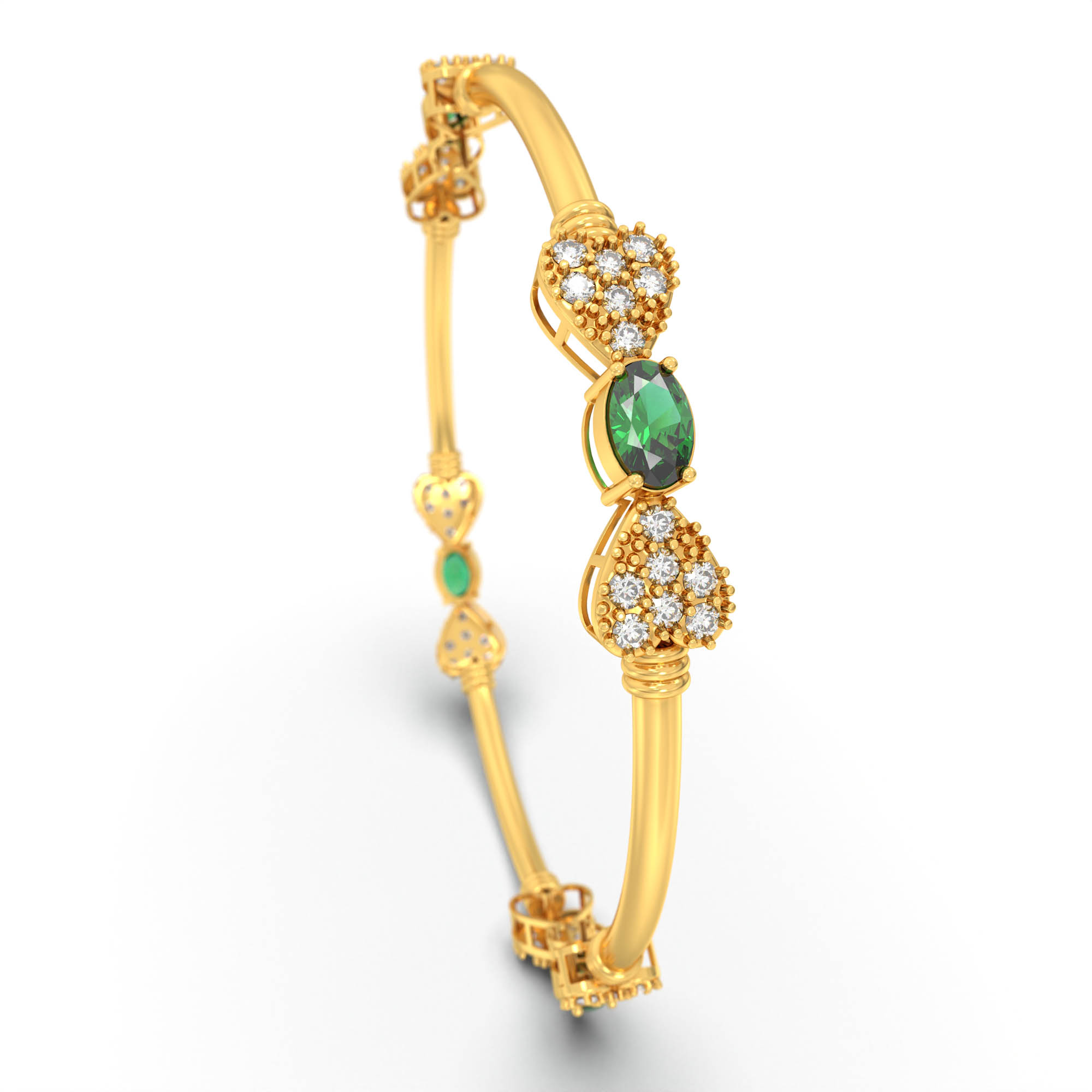 Lab-Grown Diamond and Emerald Bangle in 22K Yellow Gold – 1.4 Ct Diamonds, 12 g (Design K1-9) thumbnail