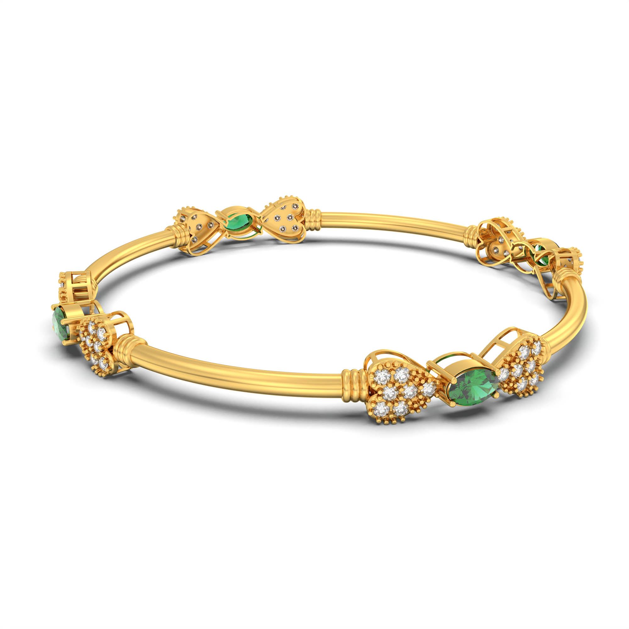 Lab-Grown Diamond and Emerald Bangle in 22K Yellow Gold – 1.4 Ct Diamonds, 12 g (Design K1-9) thumbnail