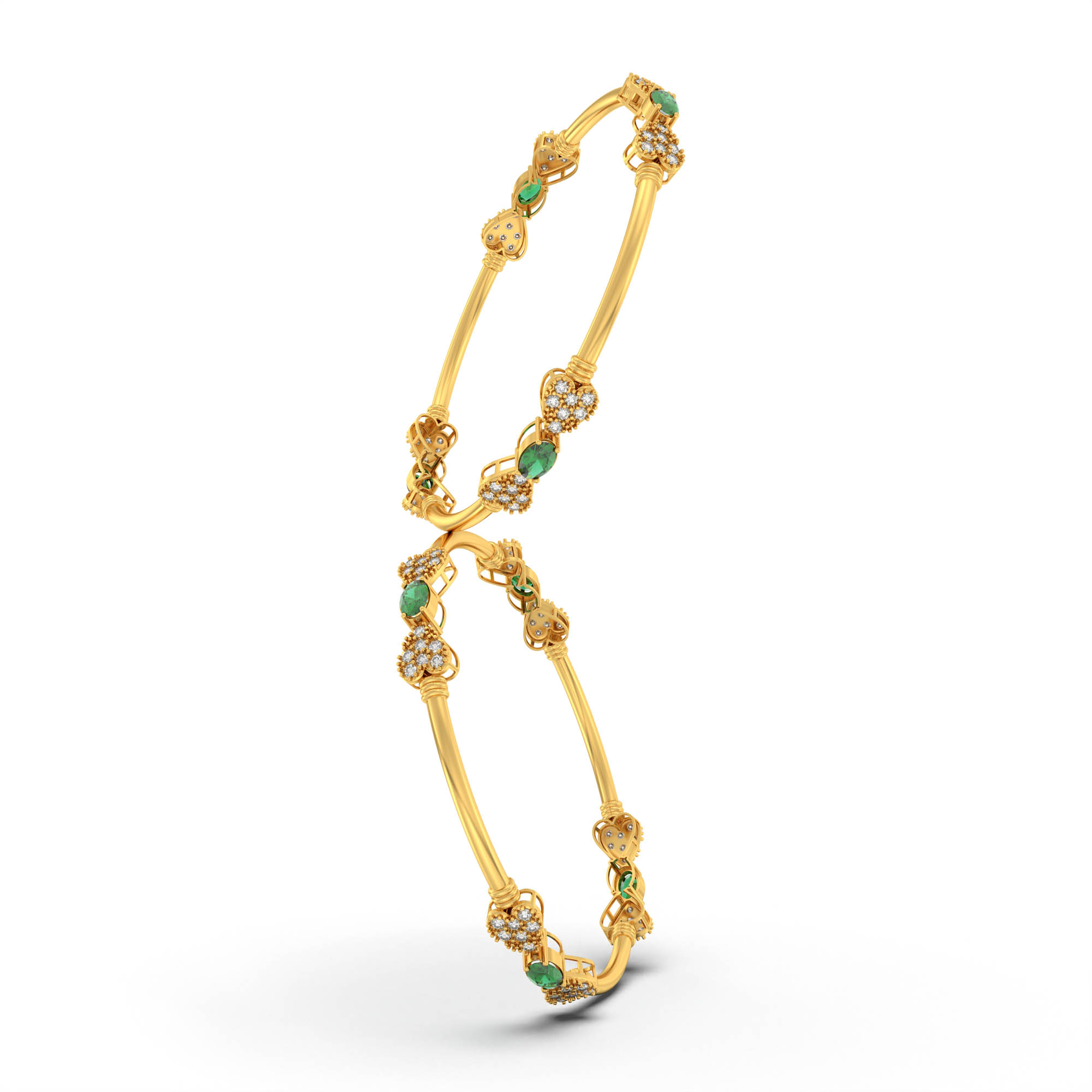 Lab-Grown Diamond and Emerald Bangle in 22K Yellow Gold – 1.4 Ct Diamonds, 12 g (Design K1-9) thumbnail