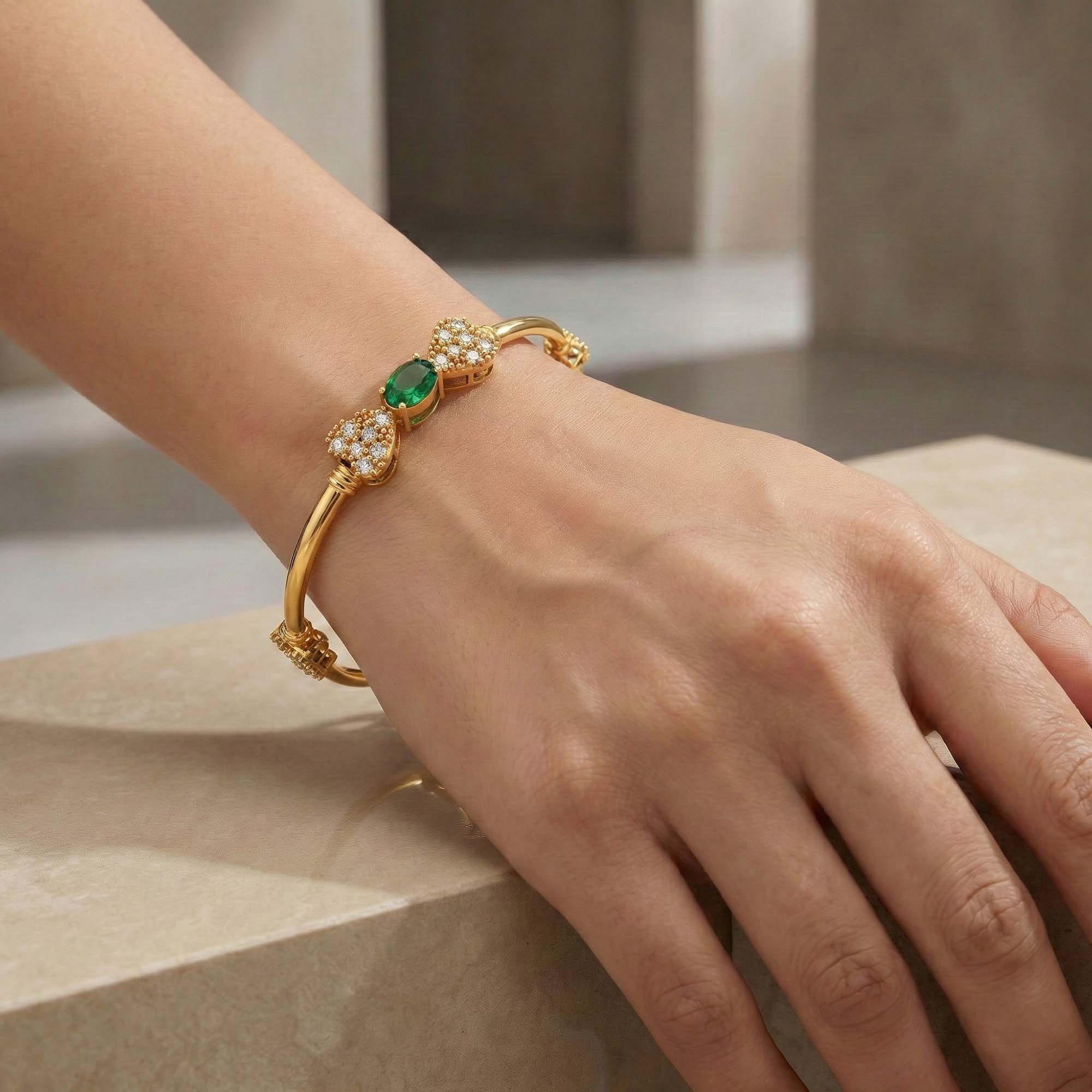 Lab-Grown Diamond and Emerald Bangle in 22K Yellow Gold – 1.4 Ct Diamonds, 12 g (Design K1-9) thumbnail