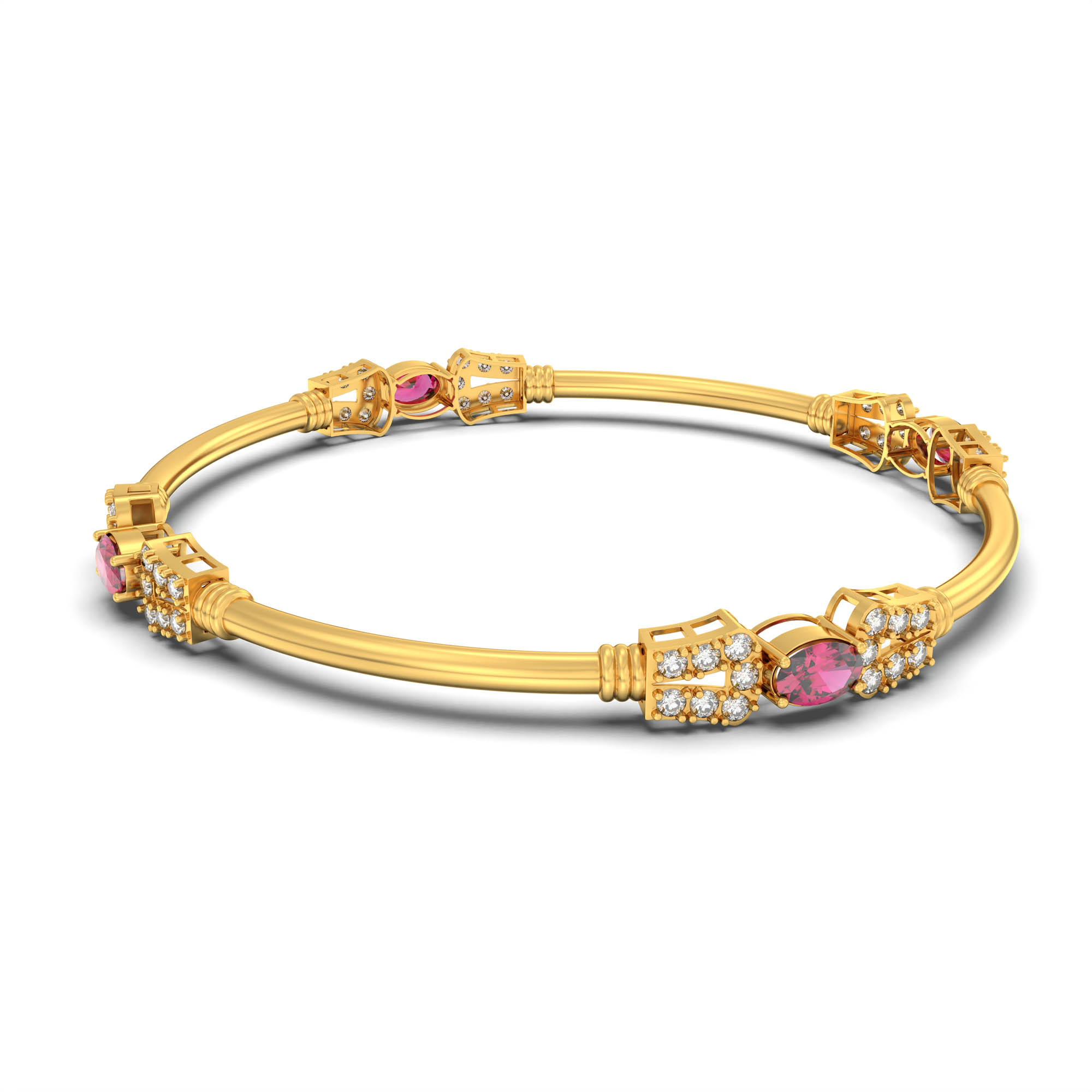 Lab-Grown Diamond and Ruby Bangle in 22K Yellow Gold – 1.4 Ct Diamonds, 12 g (Design K1-10) thumbnail