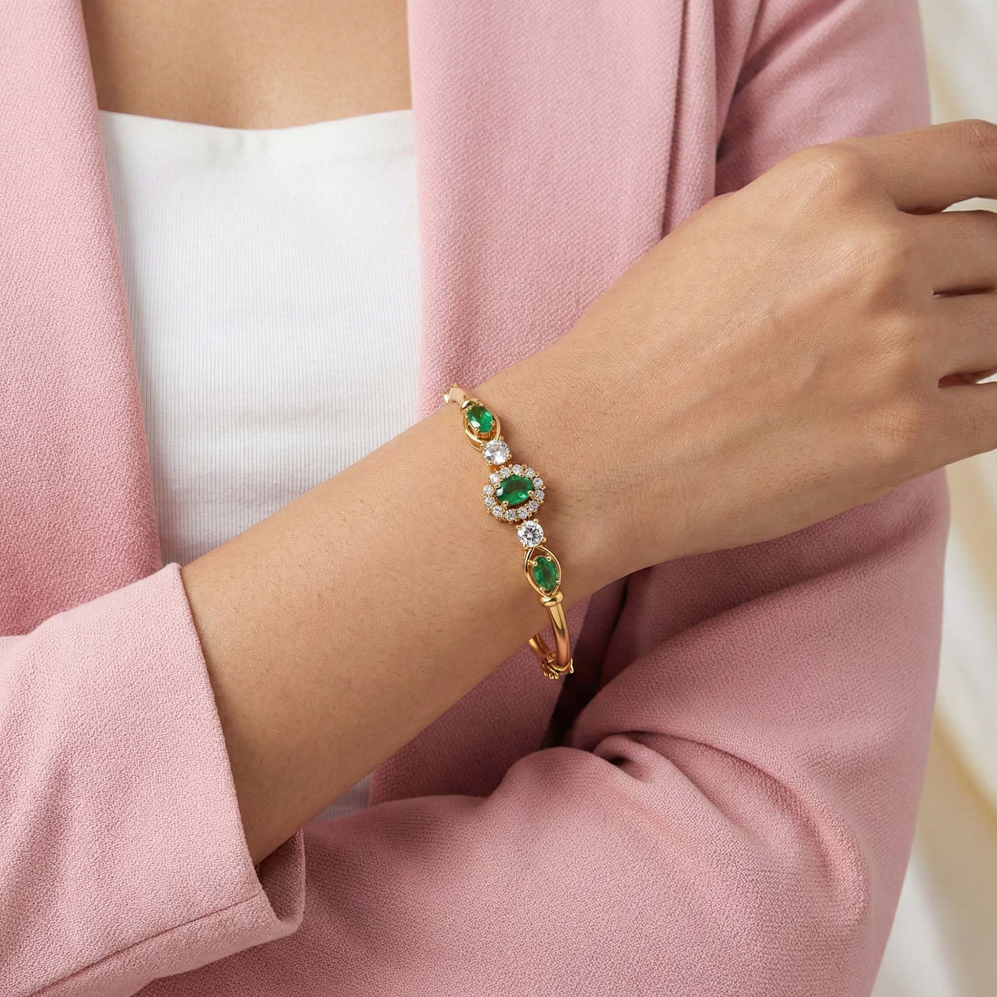 Lab-Grown Diamond and Emerald Bracelet for Women in 22K Yellow Gold – 0.75 Ct Diamonds thumbnail