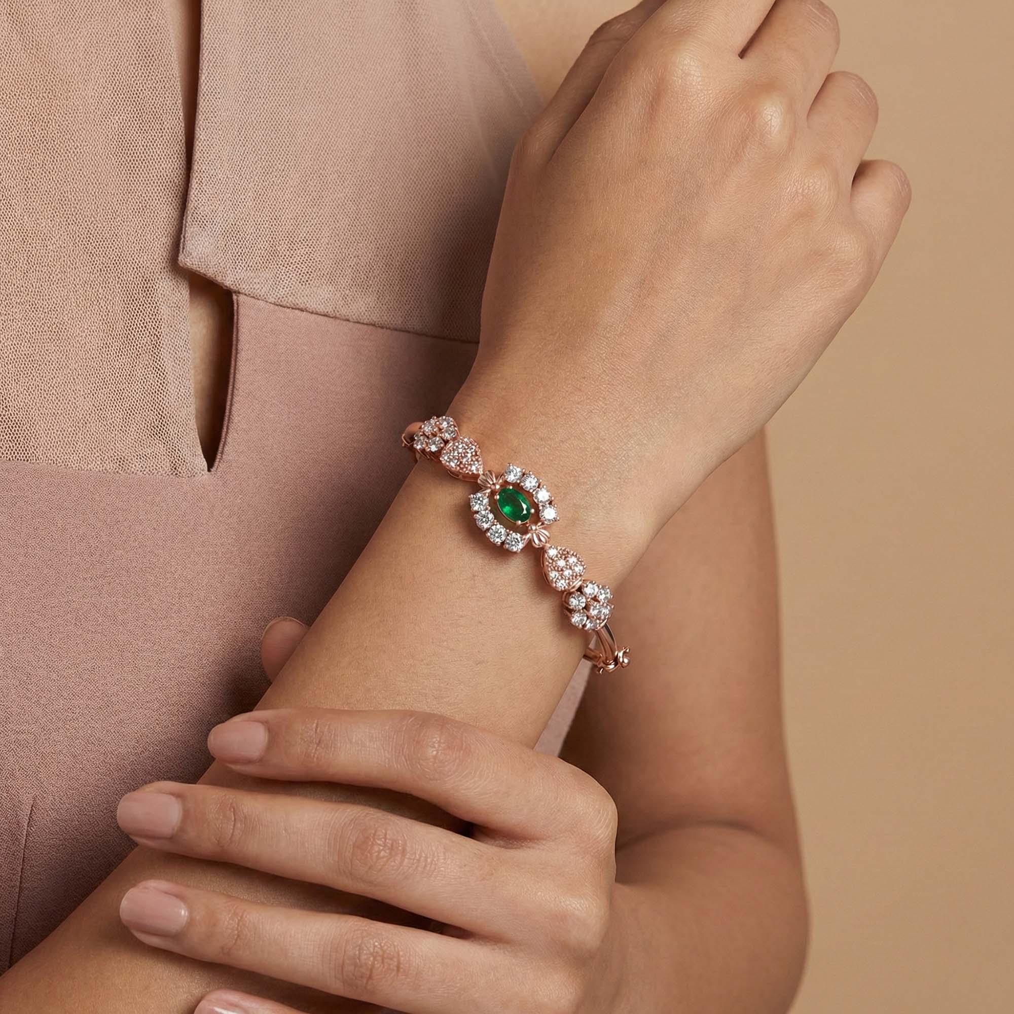 Lab-Grown Diamond and Emerald Bracelet for Women in 18K Rose Gold – 1.01 Ct Diamonds thumbnail