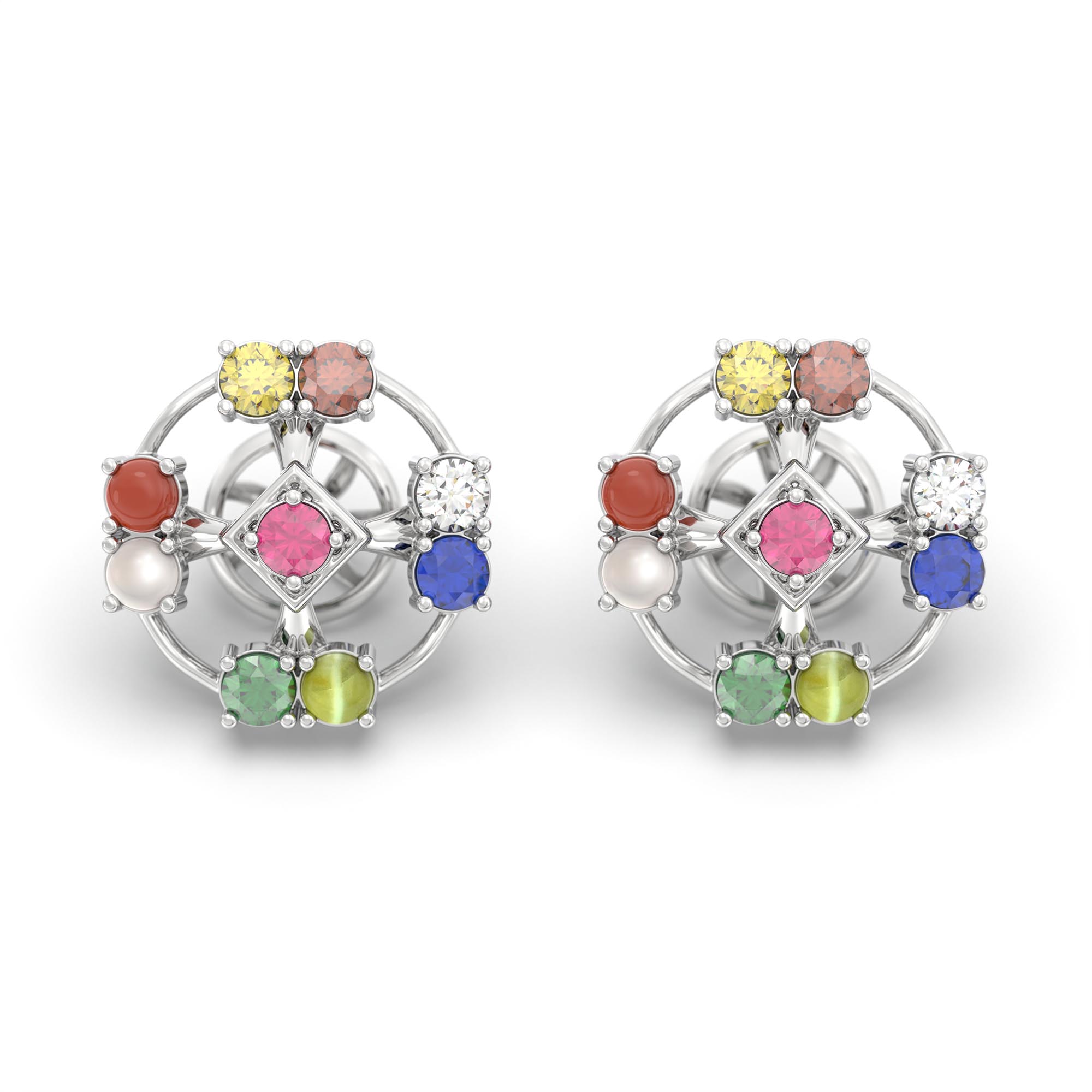 Navratna (Navaratna) Stud Earrings in 18K White Gold – 2.8 mm stones, 4 g (Design K1-1) thumbnail