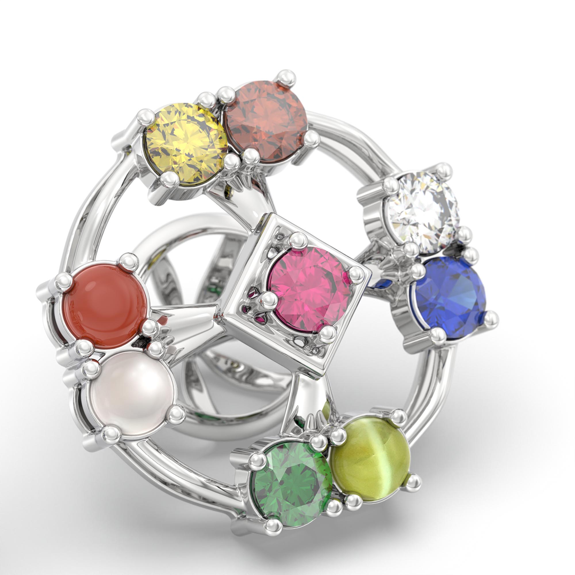 Navratna (Navaratna) Stud Earrings in 18K White Gold – 2.8 mm stones, 4 g (Design K1-1) thumbnail