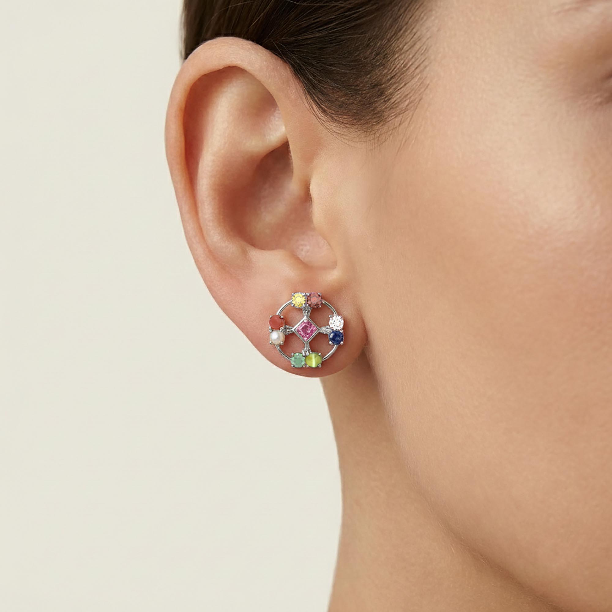 Navratna (Navaratna) Stud Earrings in 18K White Gold – 2.8 mm stones, 4 g (Design K1-1) thumbnail