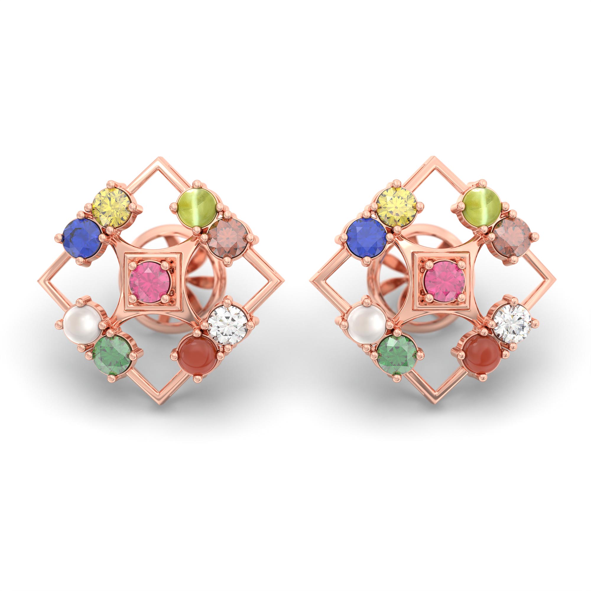 Navratna (Navaratna) Stud Earrings in 18K Rose Gold – 2.8 mm stones, 4 g (Design K1-2) thumbnail