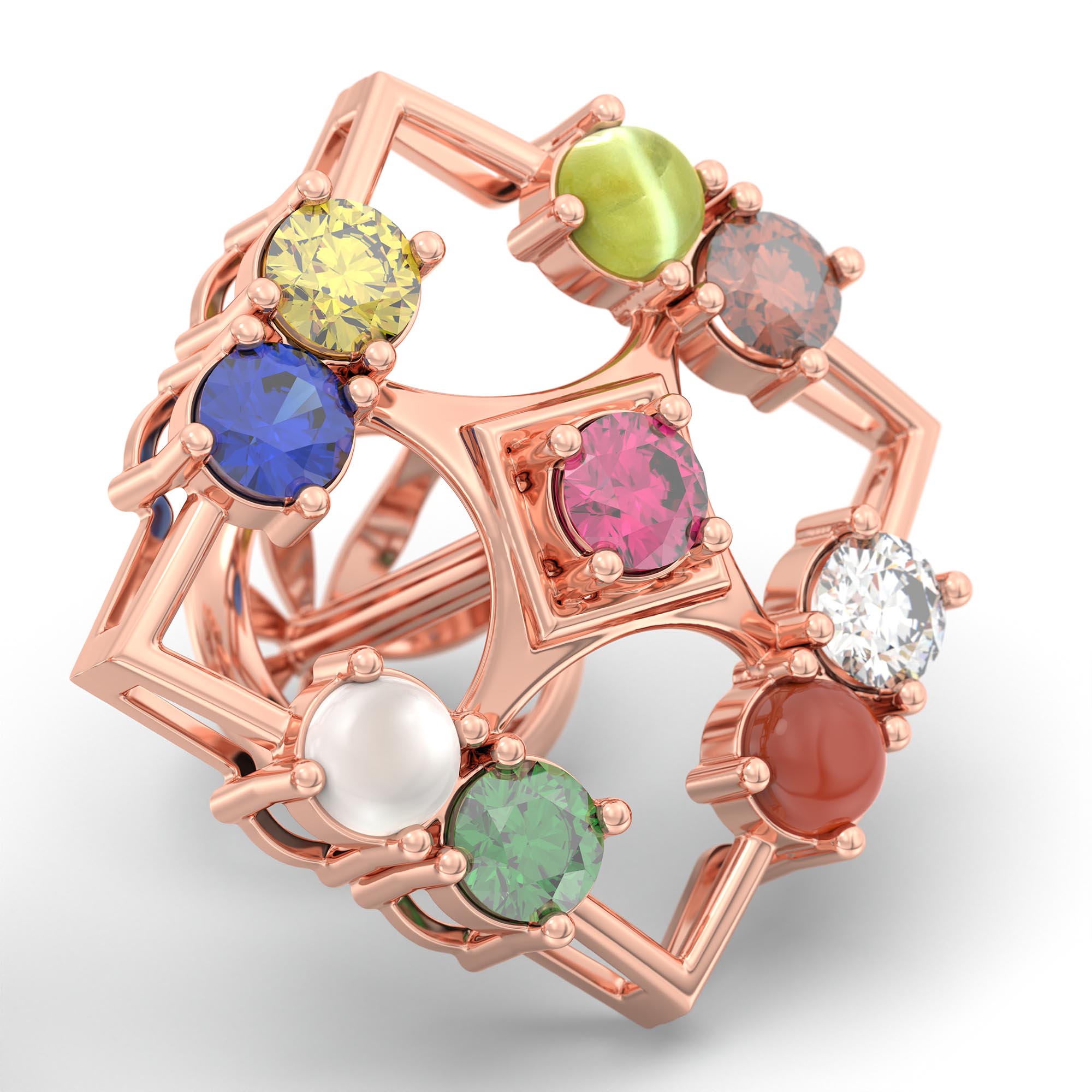Navratna (Navaratna) Stud Earrings in 18K Rose Gold – 2.8 mm stones, 4 g (Design K1-2) thumbnail