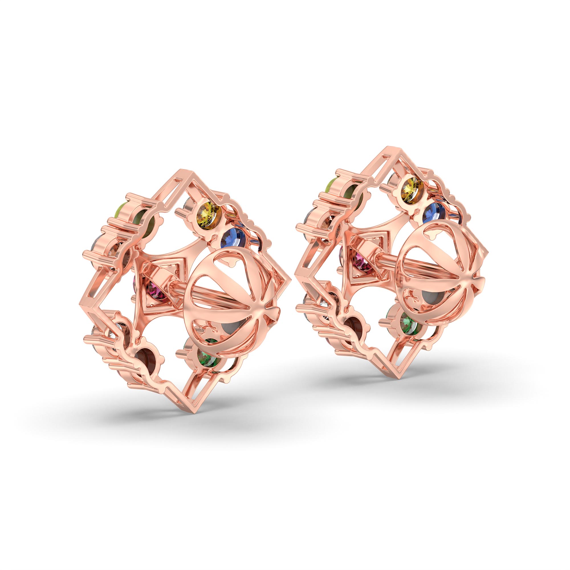 Navratna (Navaratna) Stud Earrings in 18K Rose Gold – 2.8 mm stones, 4 g (Design K1-2) thumbnail