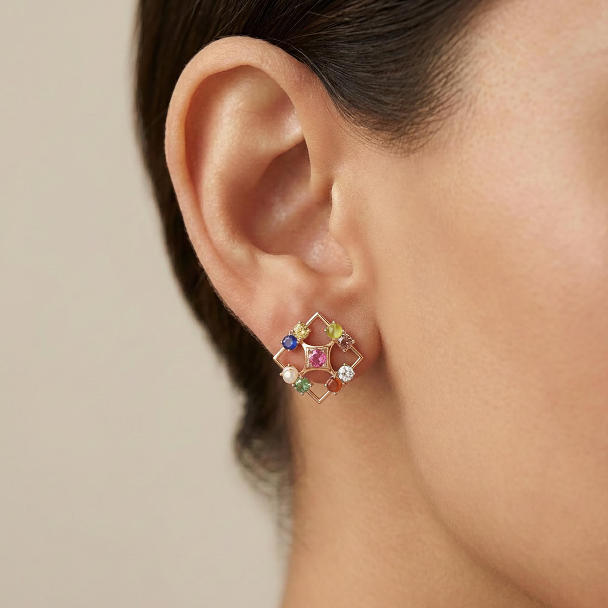 Navratna (Navaratna) Stud Earrings in 18K Rose Gold – 2.8 mm stones, 4 g (Design K1-2) thumbnail