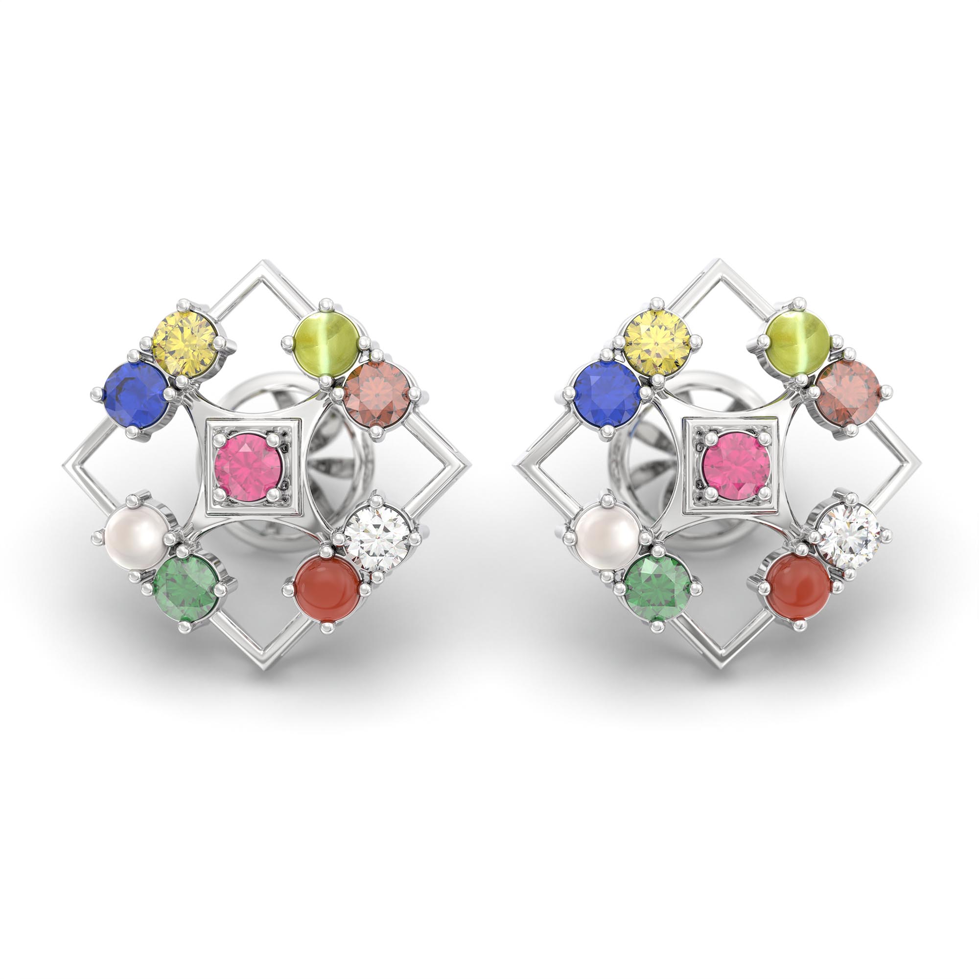Navratna (Navaratna) Stud Earrings in 18K White Gold – 2.8 mm stones, 4 g (Design K1-2) thumbnail