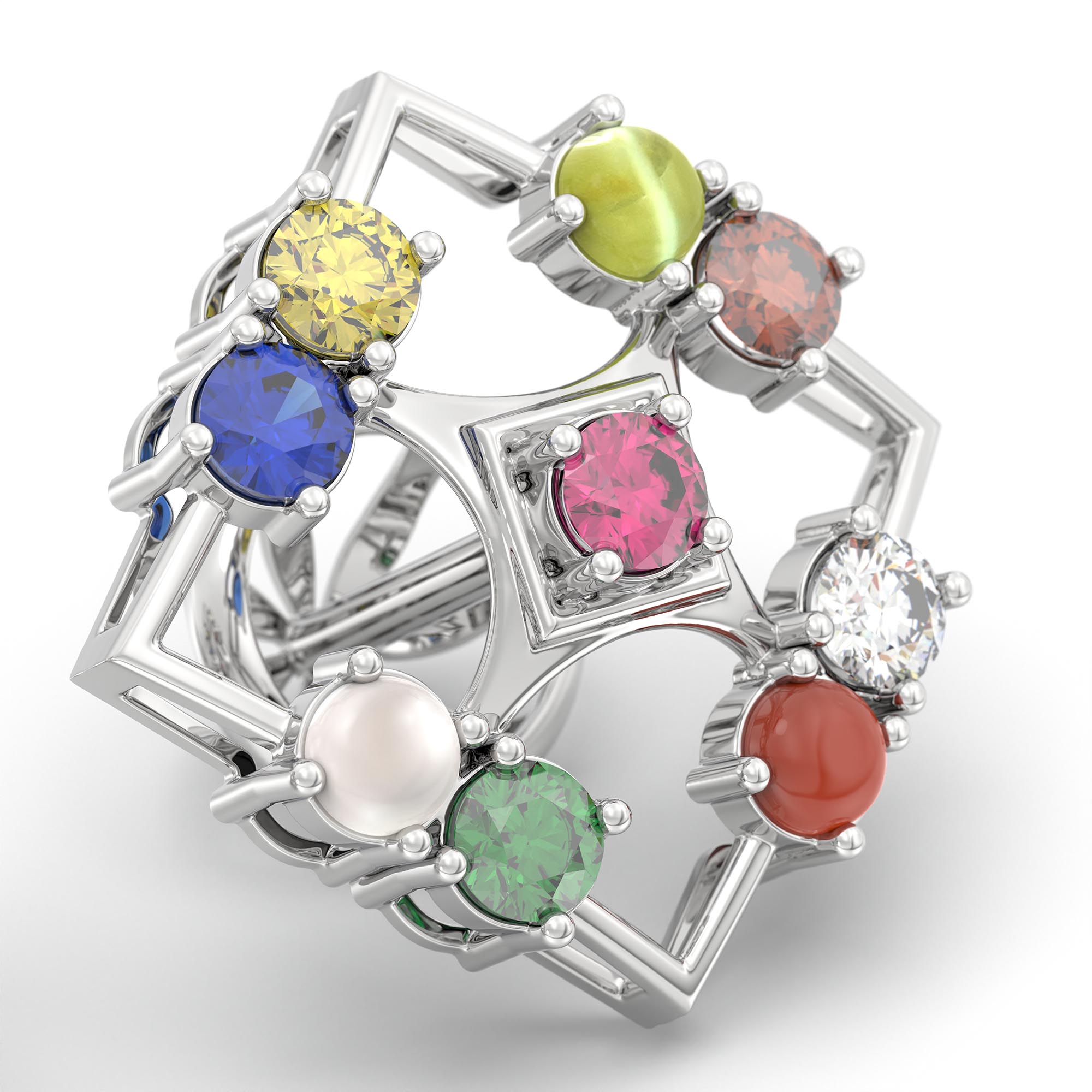 Navratna (Navaratna) Stud Earrings in 18K White Gold – 2.8 mm stones, 4 g (Design K1-2) thumbnail