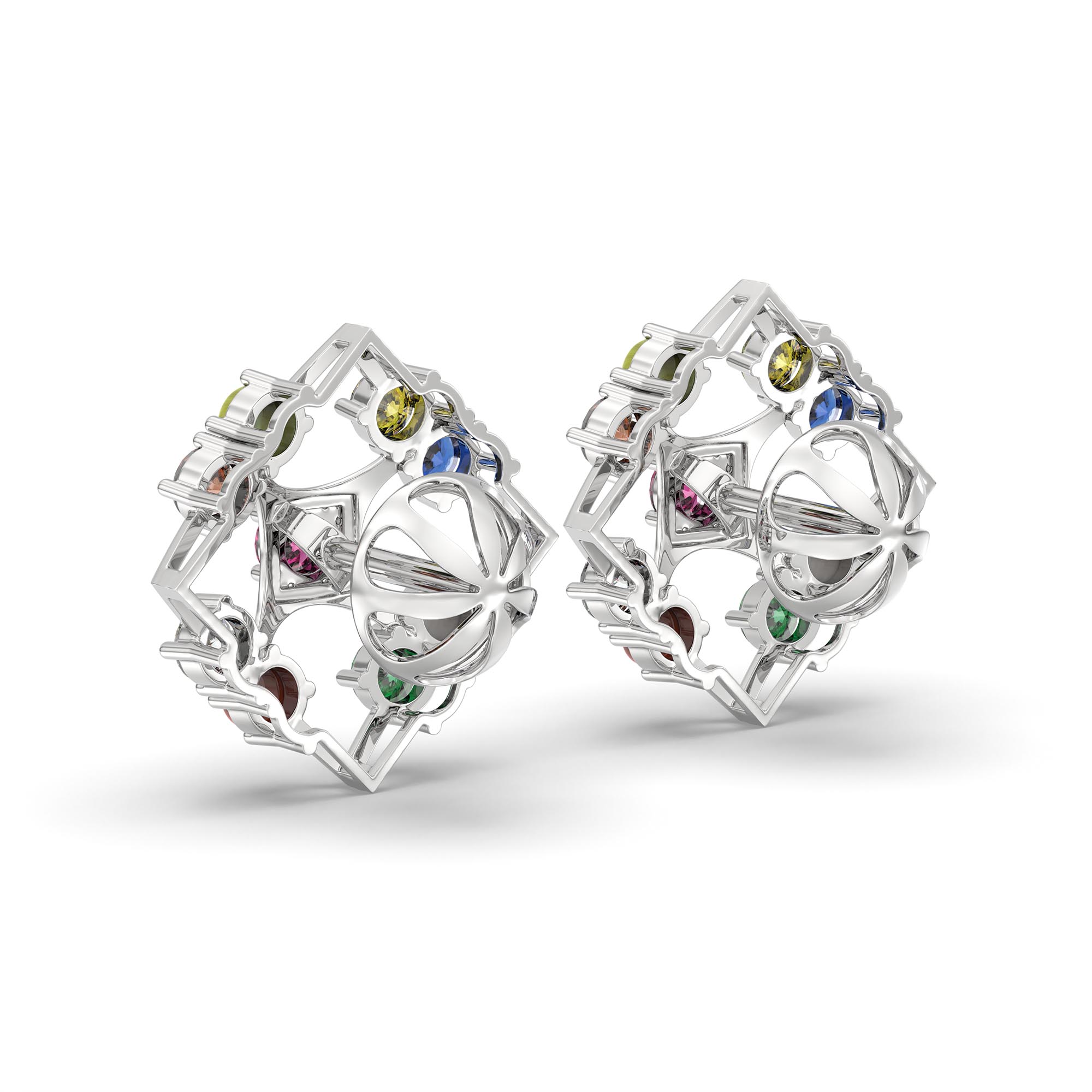 Navratna (Navaratna) Stud Earrings in 18K White Gold – 2.8 mm stones, 4 g (Design K1-2) thumbnail