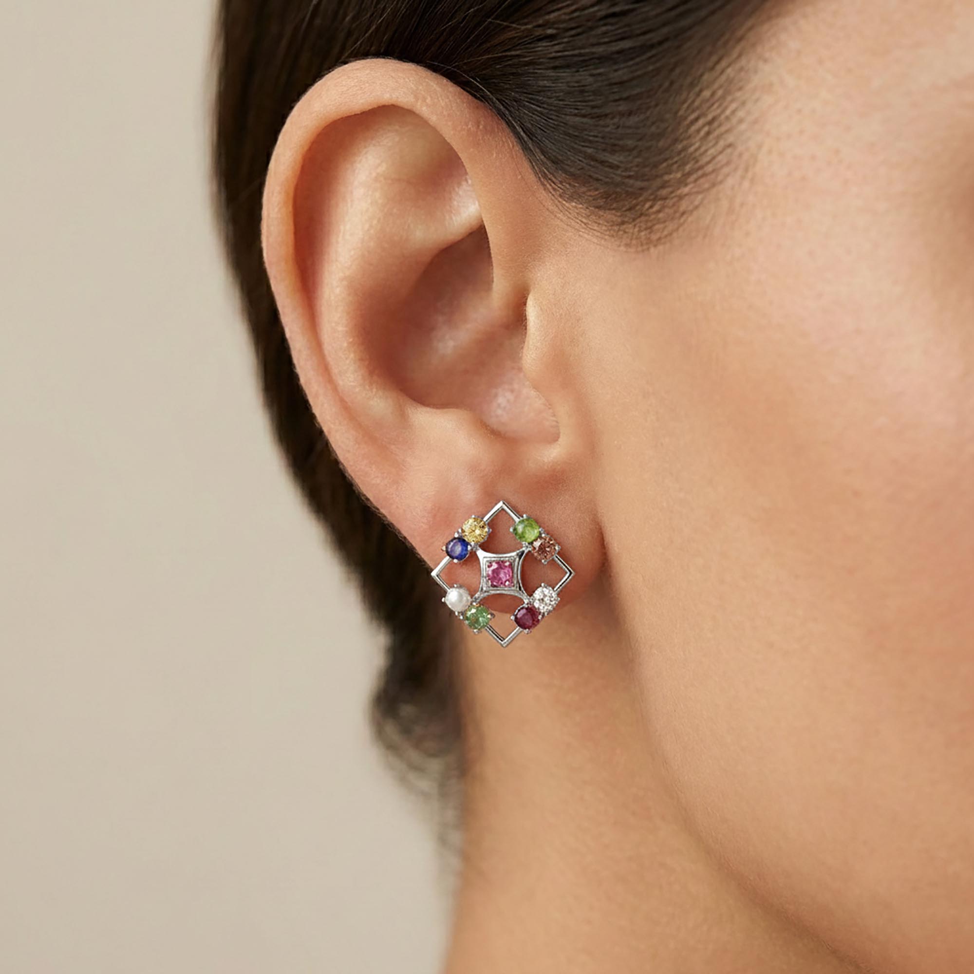 Navratna (Navaratna) Stud Earrings in 18K White Gold – 2.8 mm stones, 4 g (Design K1-2) thumbnail