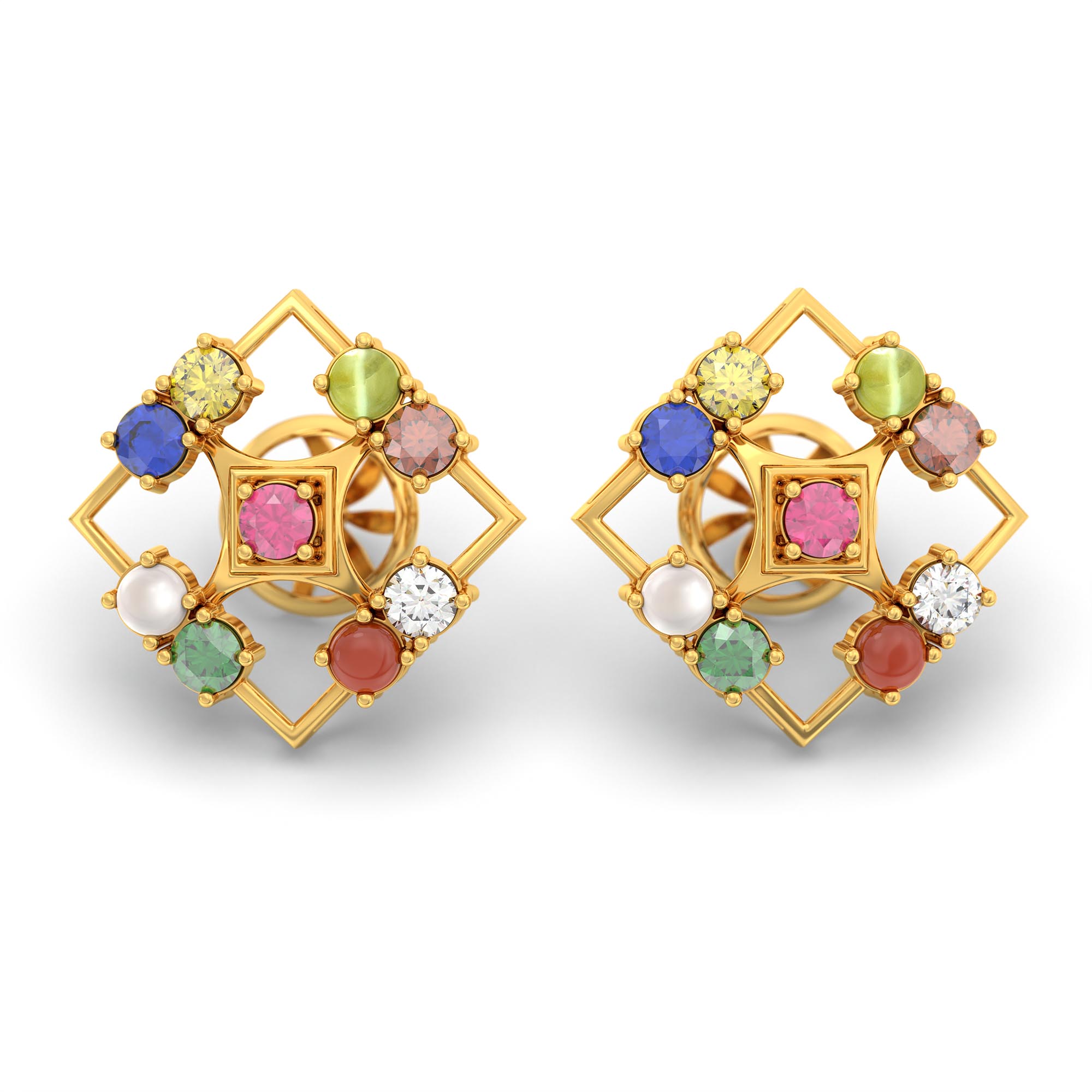 Navratna (Navaratna) Stud Earrings in 22K Yellow Gold – 2.8 mm stones, 4 g (Design K1-2) thumbnail