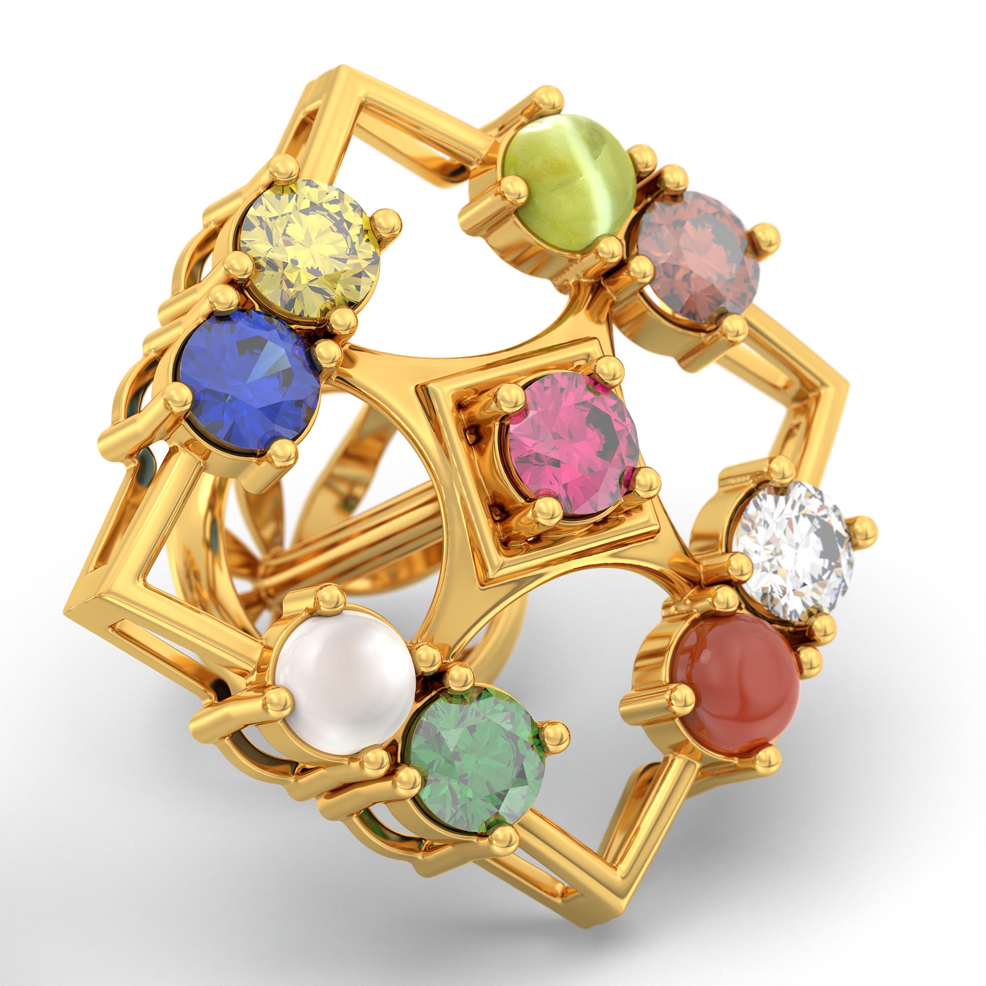 Navratna (Navaratna) Stud Earrings in 22K Yellow Gold – 2.8 mm stones, 4 g (Design K1-2) thumbnail