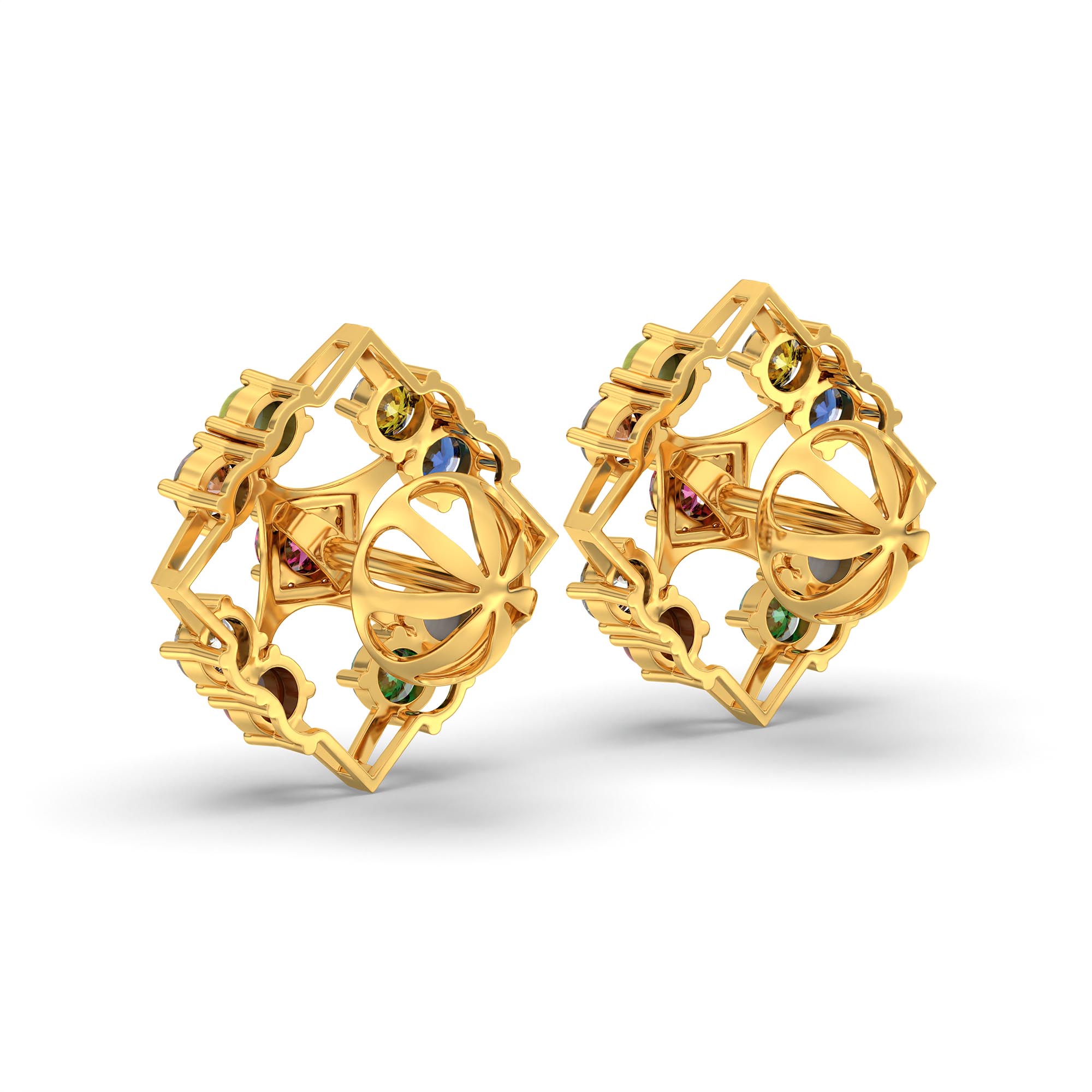 Navratna (Navaratna) Stud Earrings in 22K Yellow Gold – 2.8 mm stones, 4 g (Design K1-2) thumbnail