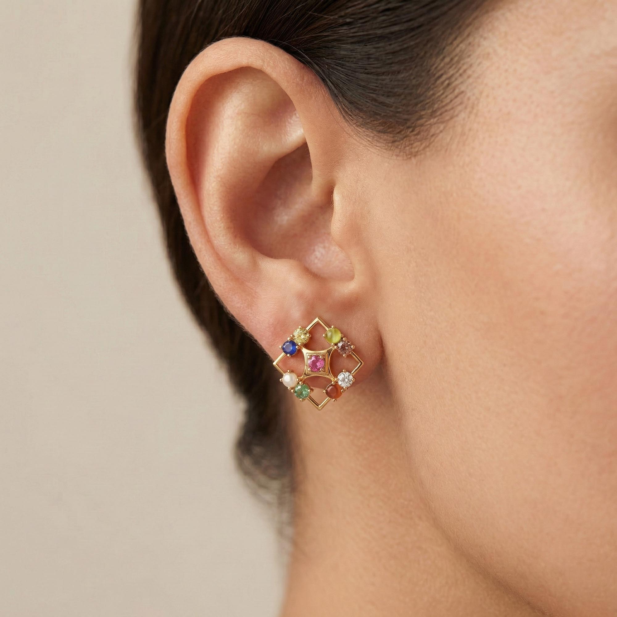 Navratna (Navaratna) Stud Earrings in 22K Yellow Gold – 2.8 mm stones, 4 g (Design K1-2) thumbnail