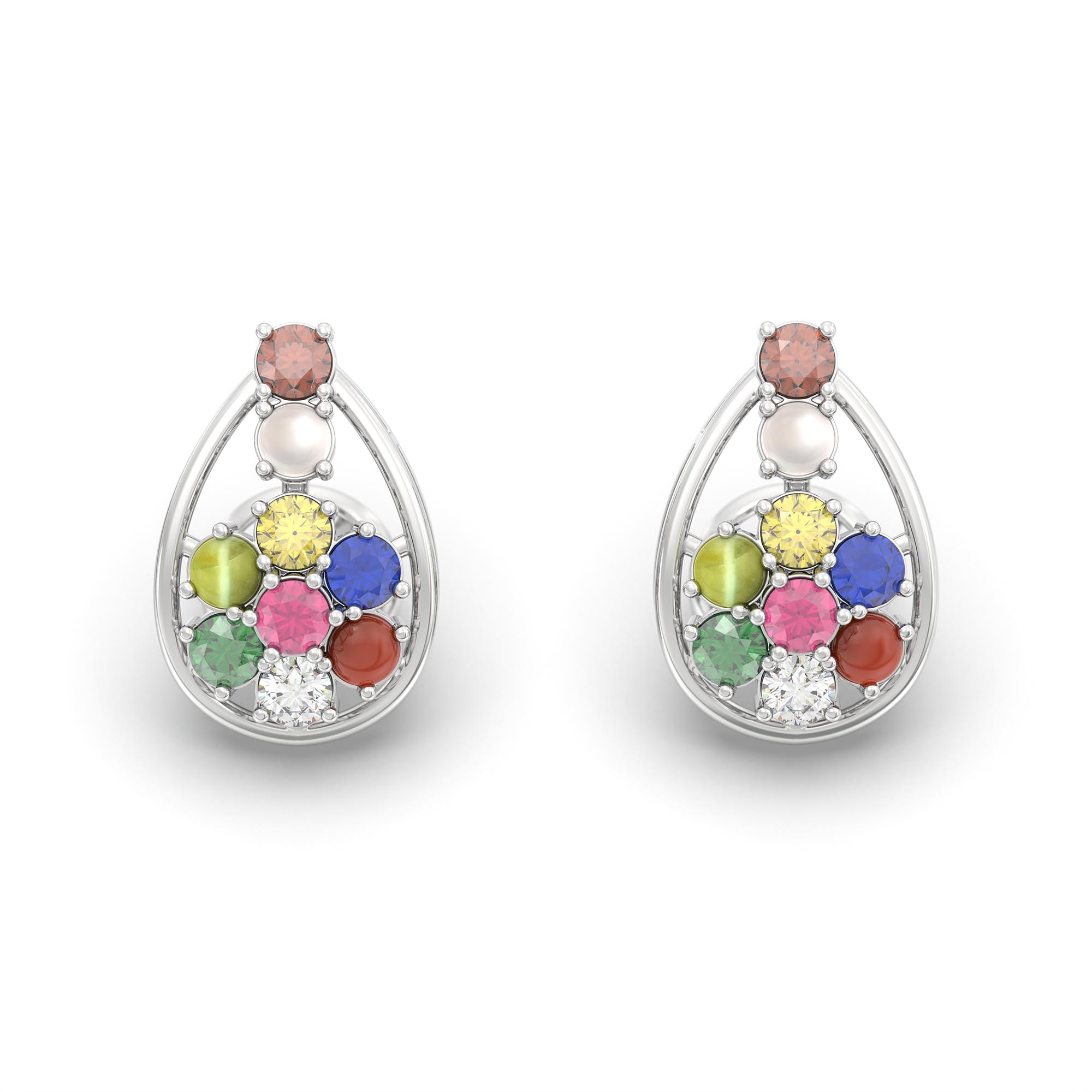 Navratna (Navaratna) Stud Earrings in 18K White Gold – 2.8 mm stones, 4 g (Design K1-3) thumbnail