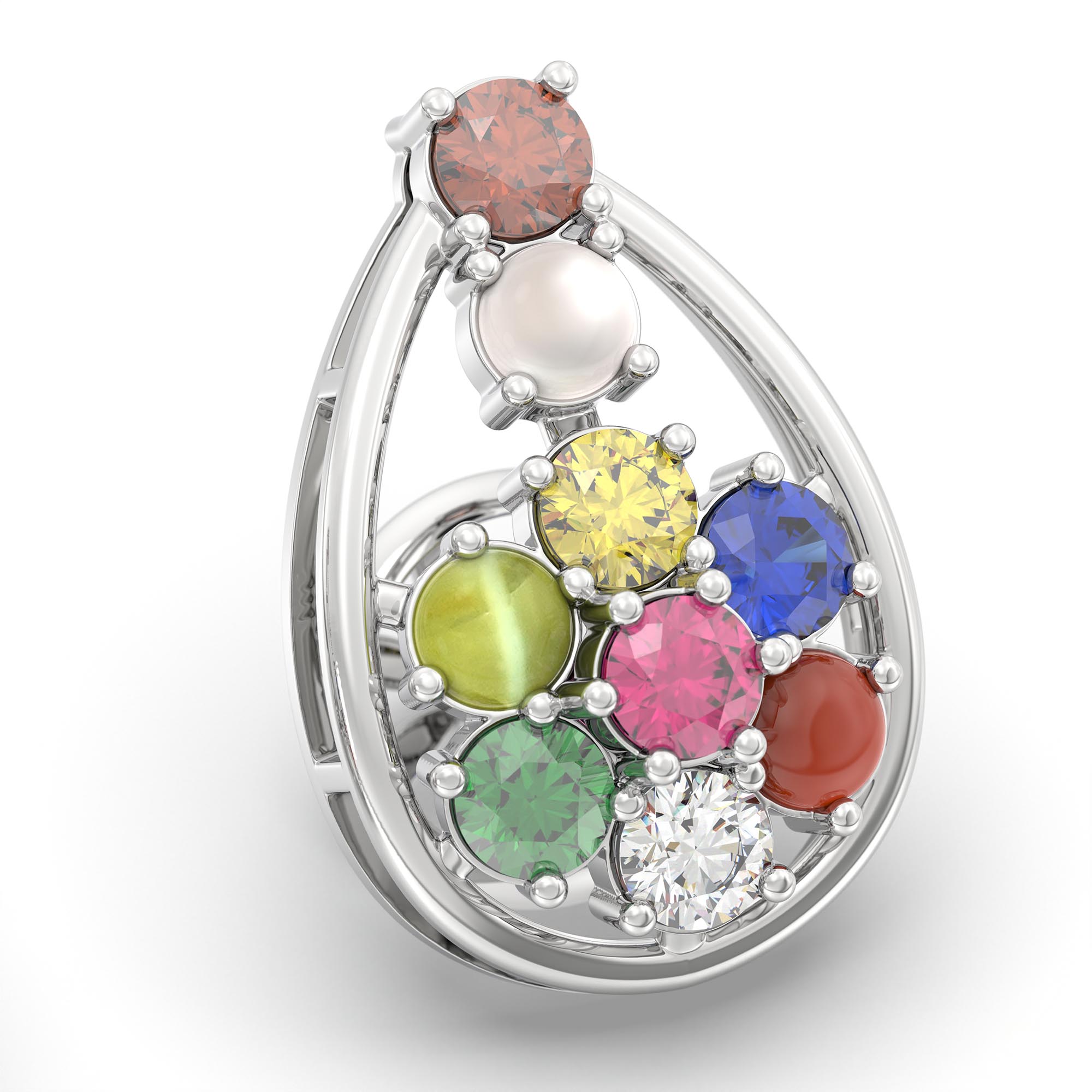 Navratna (Navaratna) Stud Earrings in 18K White Gold – 2.8 mm stones, 4 g (Design K1-3) thumbnail