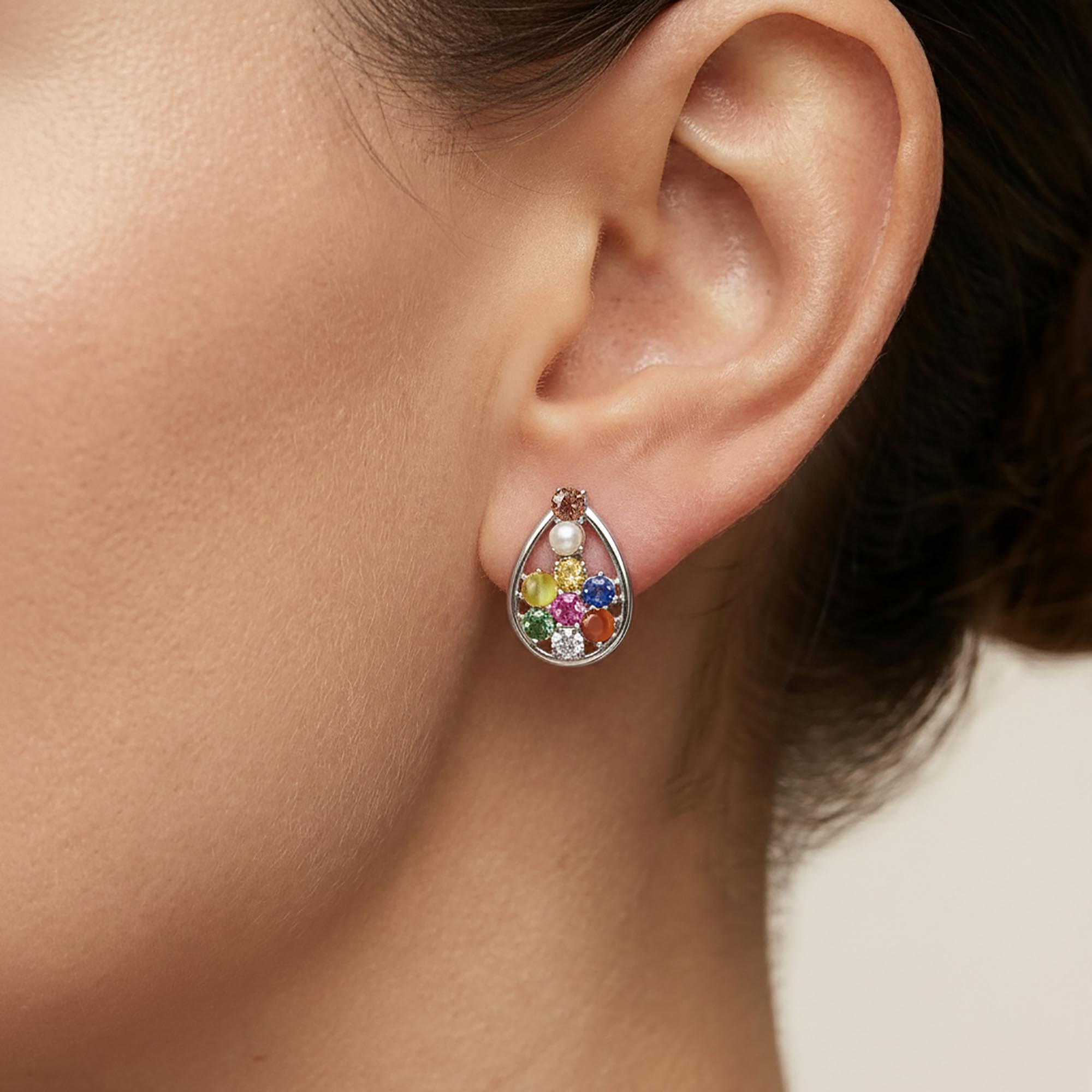 Navratna (Navaratna) Stud Earrings in 18K White Gold – 2.8 mm stones, 4 g (Design K1-3) thumbnail