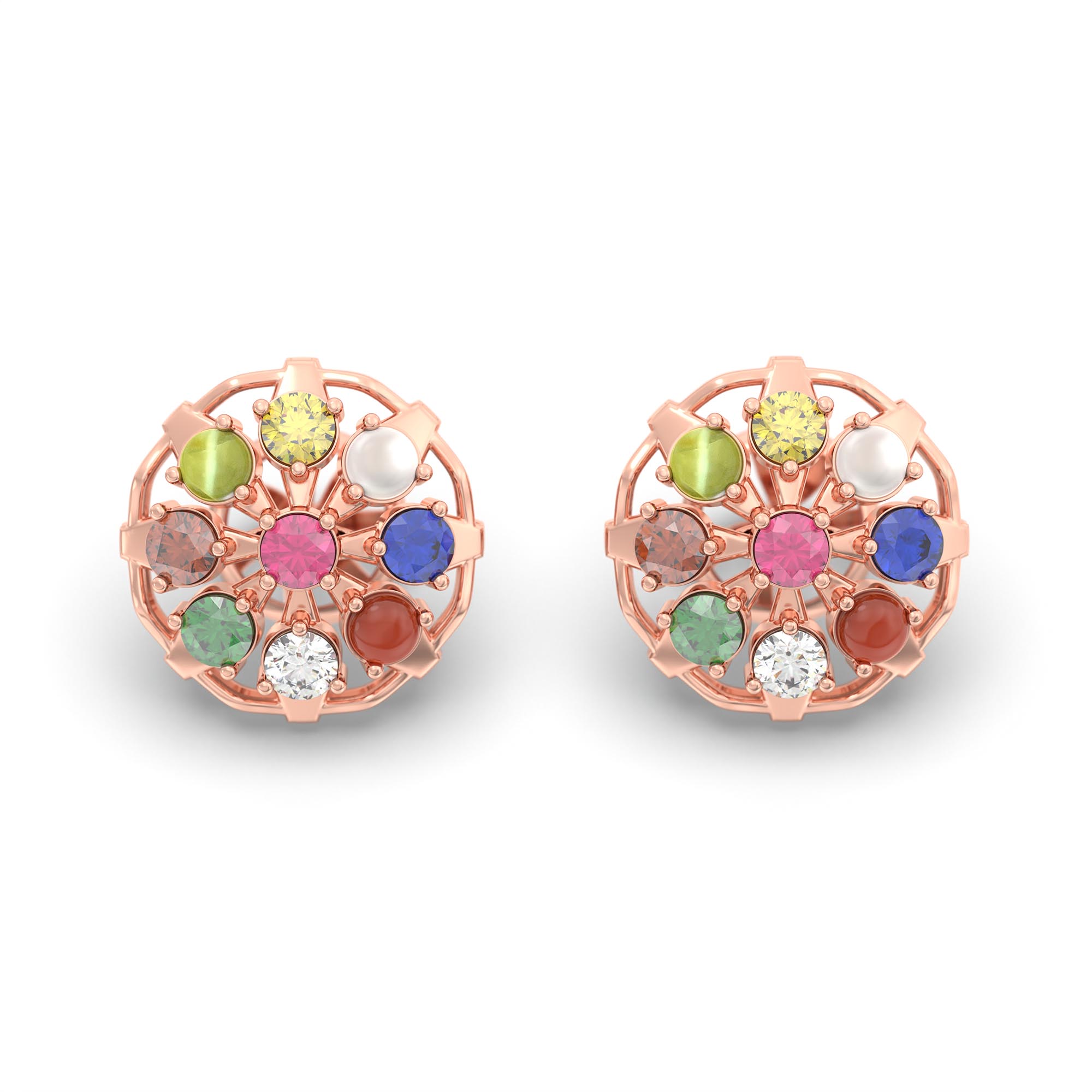 Navratna (Navaratna) Stud Earrings in 18K Rose Gold – 2.8 mm stones, 4 g (Design K1-4) thumbnail