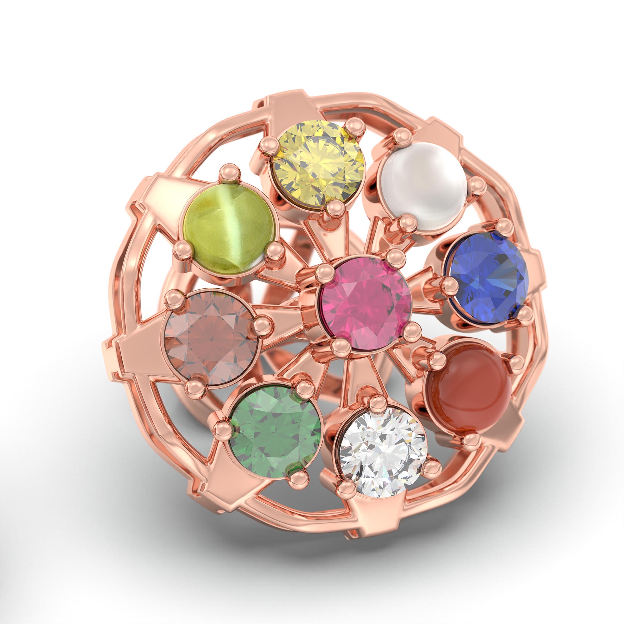 Navratna (Navaratna) Stud Earrings in 18K Rose Gold – 2.8 mm stones, 4 g (Design K1-4) thumbnail