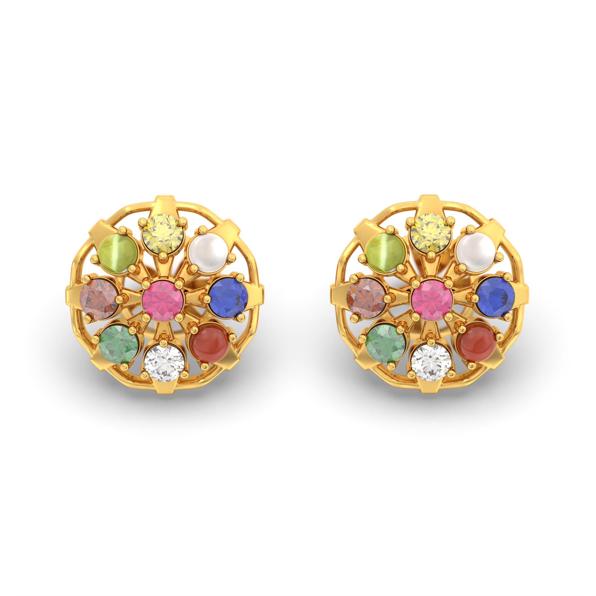 Navratna (Navaratna) Stud Earrings in 22K Yellow Gold – 2.8 mm stones, 4 g (Design K1-4) thumbnail