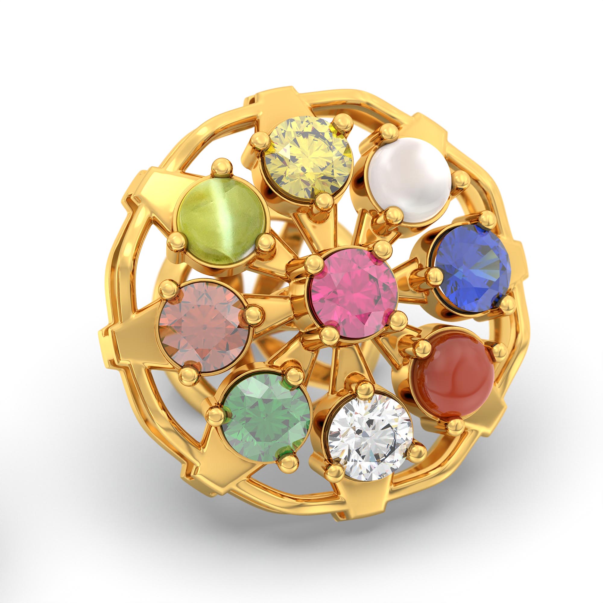 Navratna (Navaratna) Stud Earrings in 22K Yellow Gold – 2.8 mm stones, 4 g (Design K1-4) thumbnail