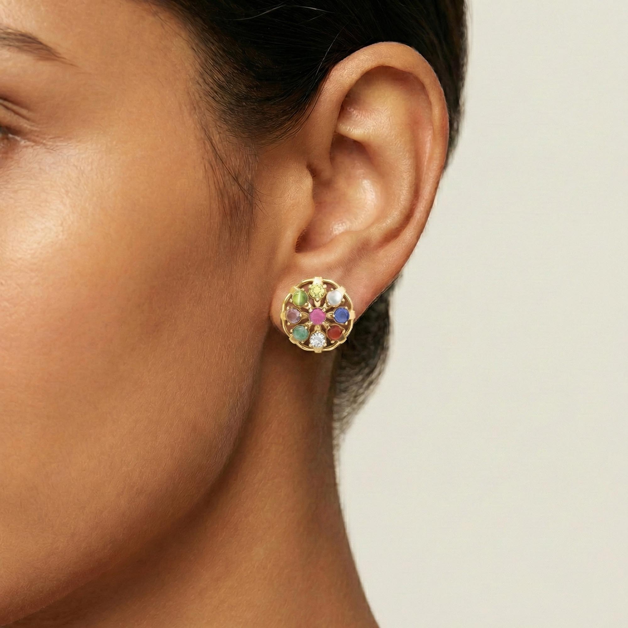 Navratna (Navaratna) Stud Earrings in 22K Yellow Gold – 2.8 mm stones, 4 g (Design K1-4) thumbnail