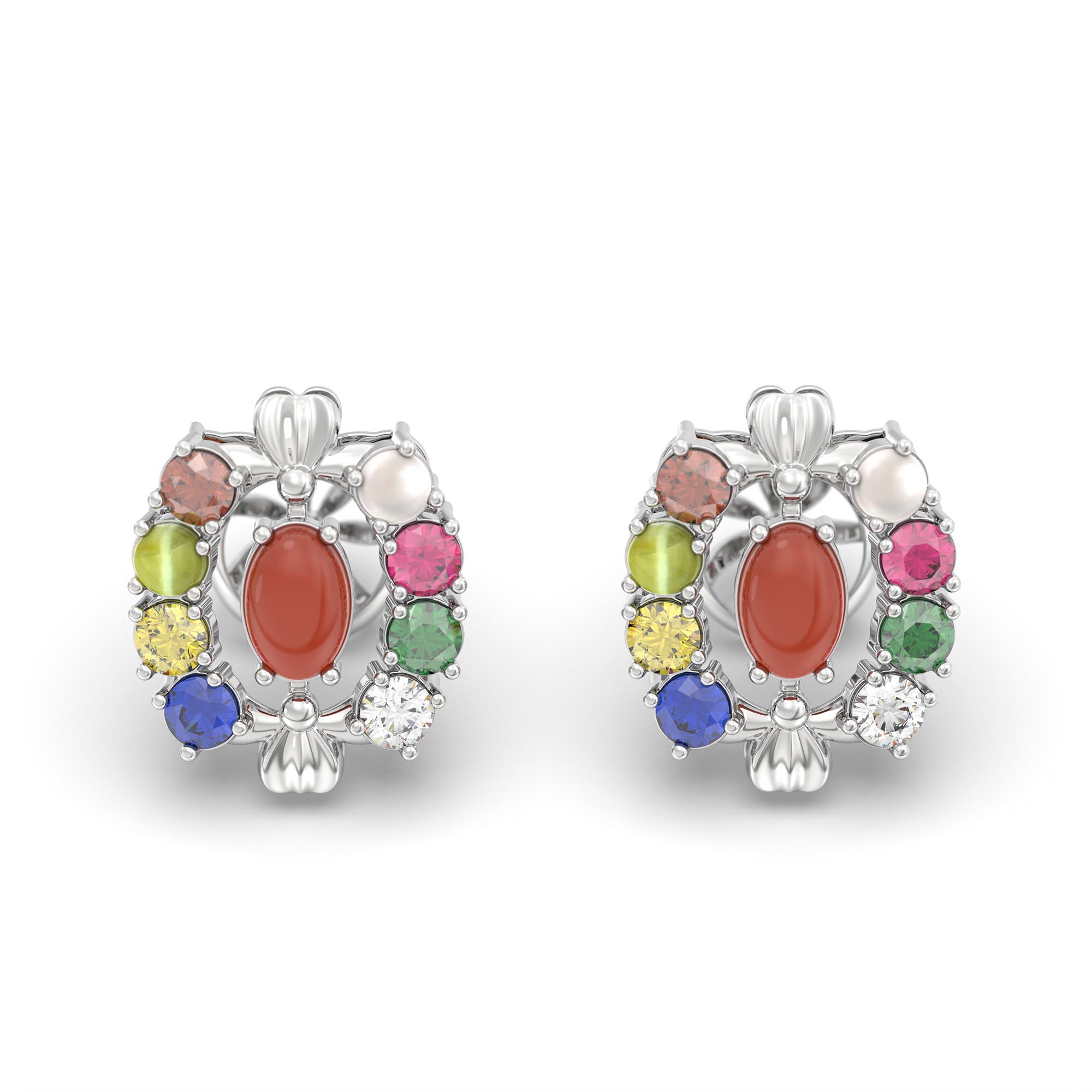 Navratna (Navaratna) Stud Earrings in 18K White Gold – 2.8 mm stones, 4 g (Design K1-5) thumbnail