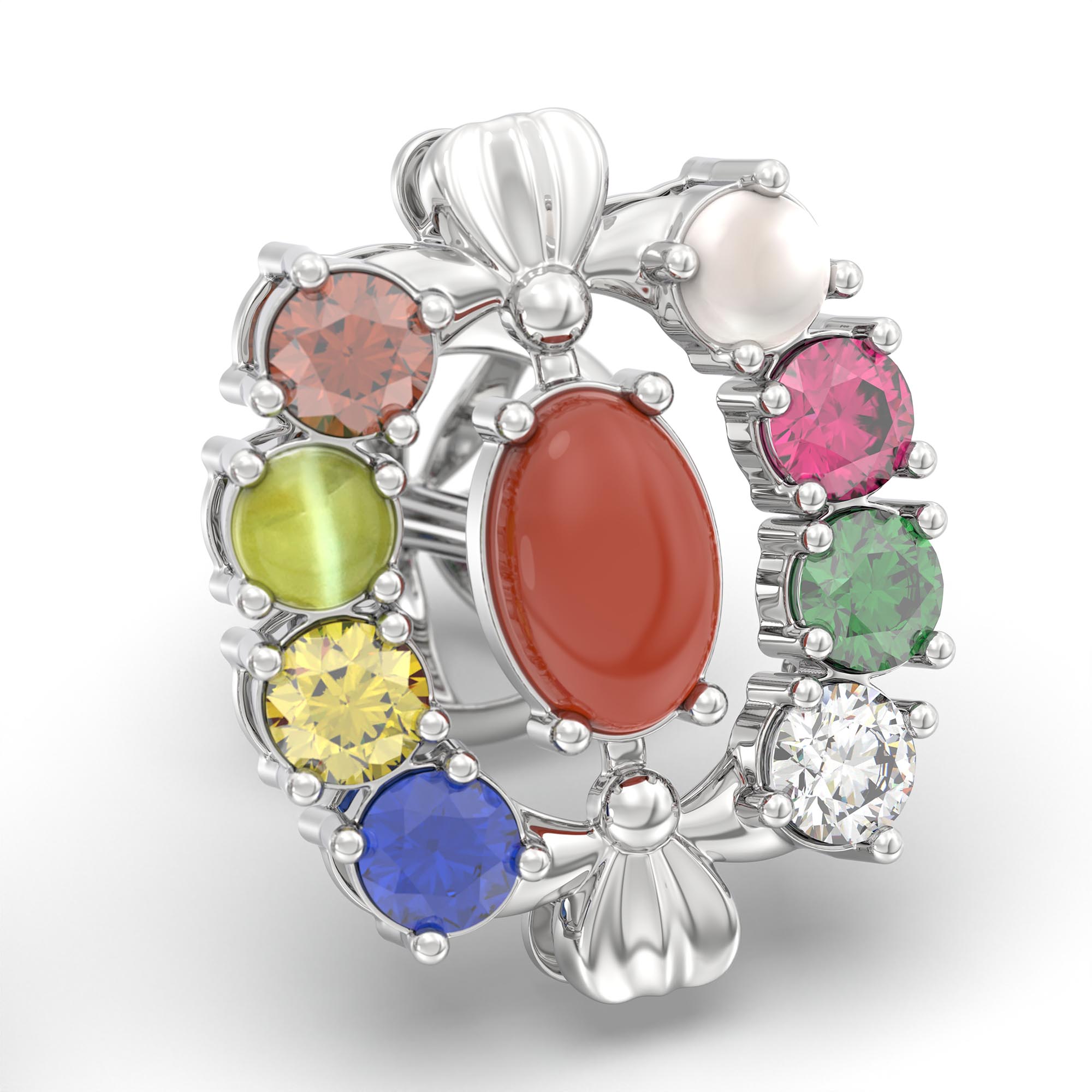 Navratna (Navaratna) Stud Earrings in 18K White Gold – 2.8 mm stones, 4 g (Design K1-5) thumbnail