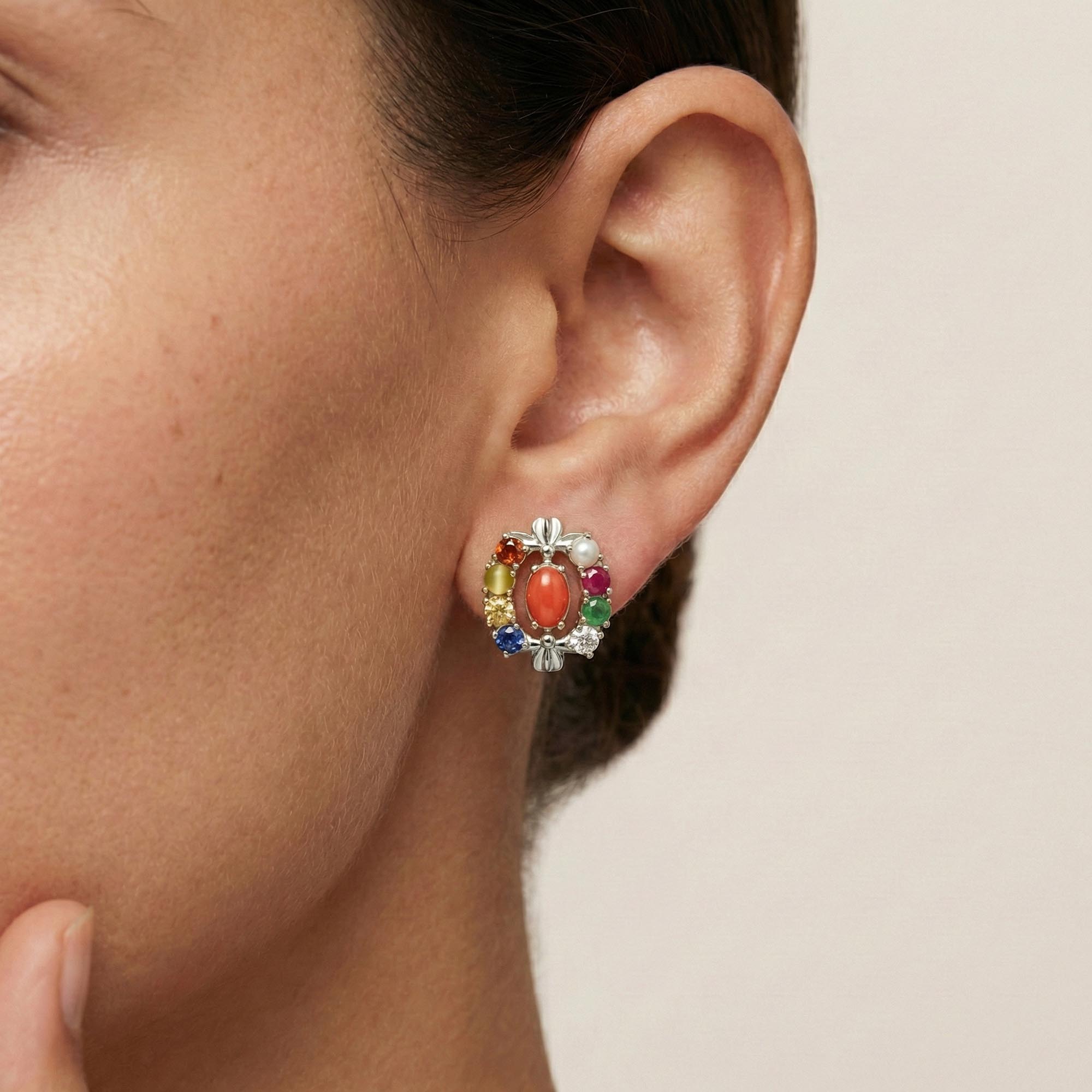 Navratna (Navaratna) Stud Earrings in 18K White Gold – 2.8 mm stones, 4 g (Design K1-5) thumbnail