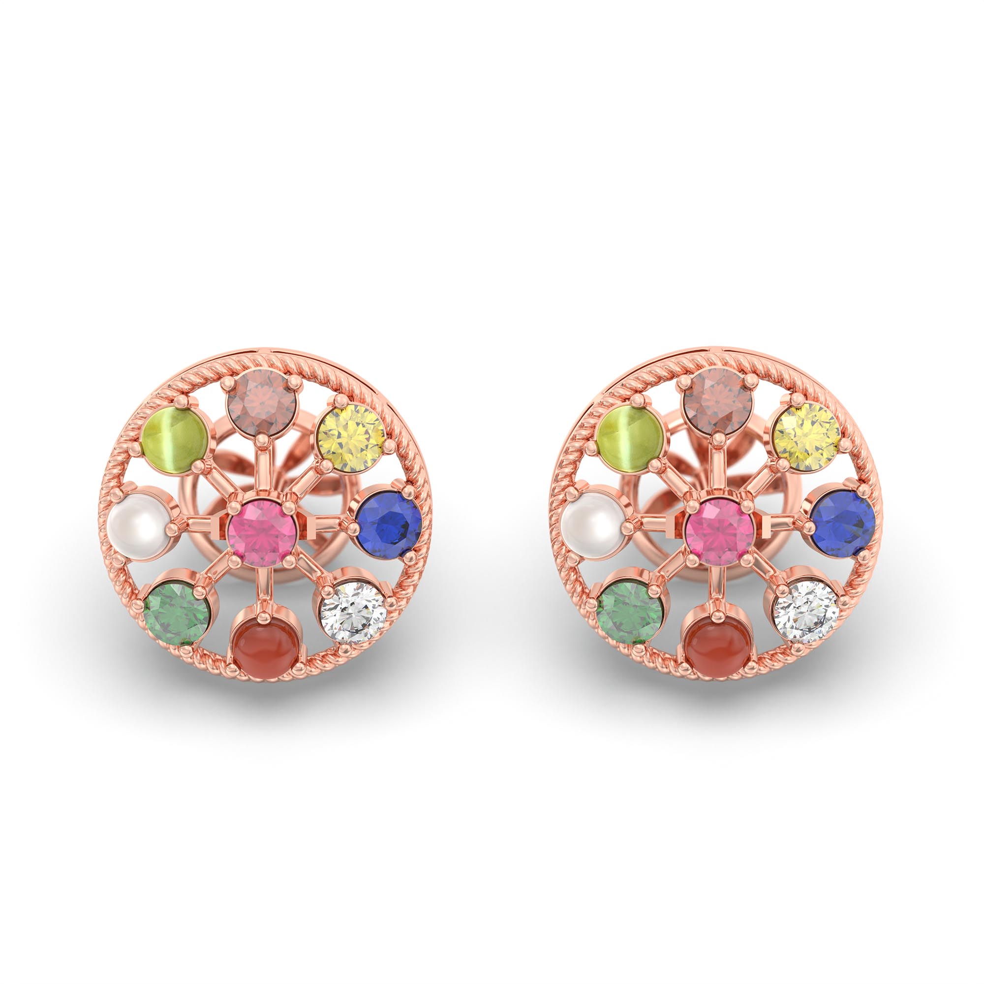 Navratna (Navaratna) Stud Earrings in 18K Rose Gold – 2.8 mm stones, 4 g (Design K1-9) thumbnail