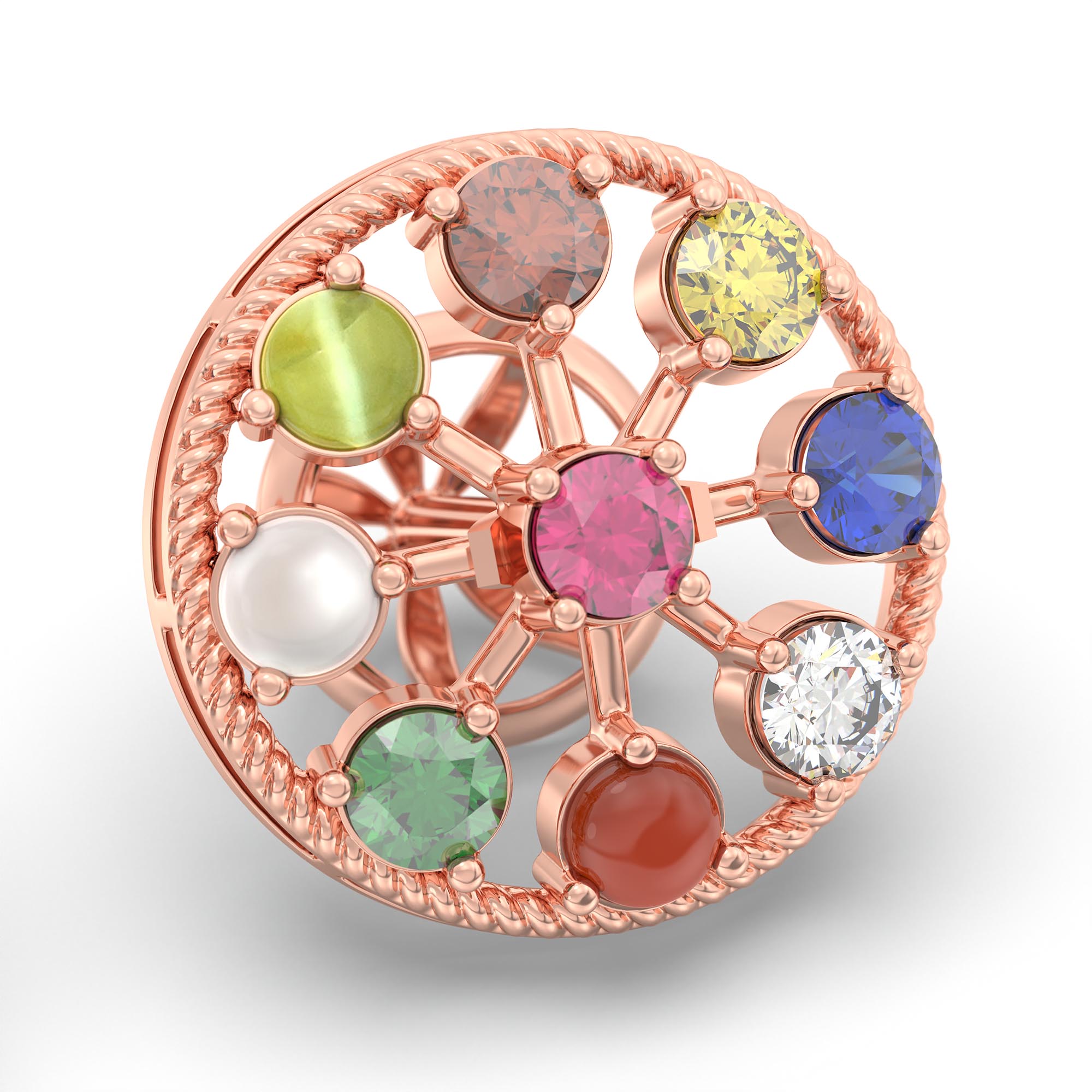 Navratna (Navaratna) Stud Earrings in 18K Rose Gold – 2.8 mm stones, 4 g (Design K1-9) thumbnail