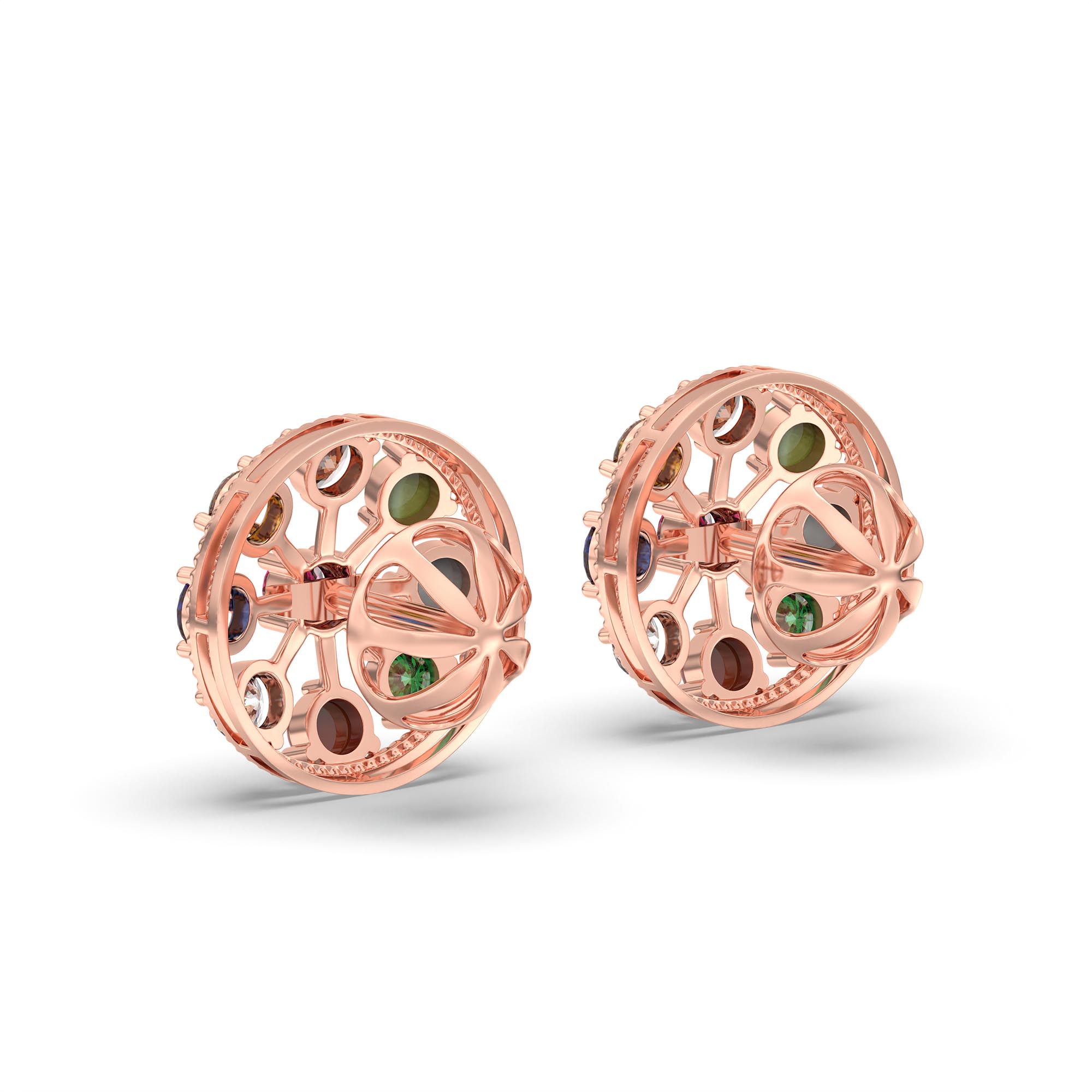 Navratna (Navaratna) Stud Earrings in 18K Rose Gold – 2.8 mm stones, 4 g (Design K1-9) thumbnail